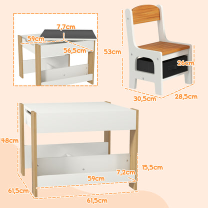 3-piece Set Table and 2 Chairs for Kids with Reversible Tabletop, Chalkboard, Storage Basket, Natural Wood Shelves