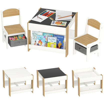 3-piece Set Table and 2 Chairs for Kids with Reversible Tabletop, Chalkboard, Storage Basket, Natural Wood Shelves