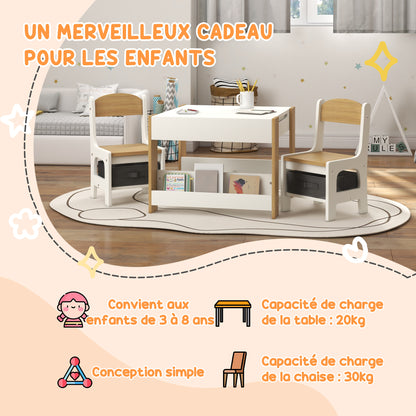 3-piece Set Table and 2 Chairs for Kids with Reversible Tabletop, Chalkboard, Storage Basket, Natural Wood Shelves