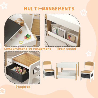 3-piece Set Table and 2 Chairs for Kids with Reversible Tabletop, Chalkboard, Storage Basket, Natural Wood Shelves