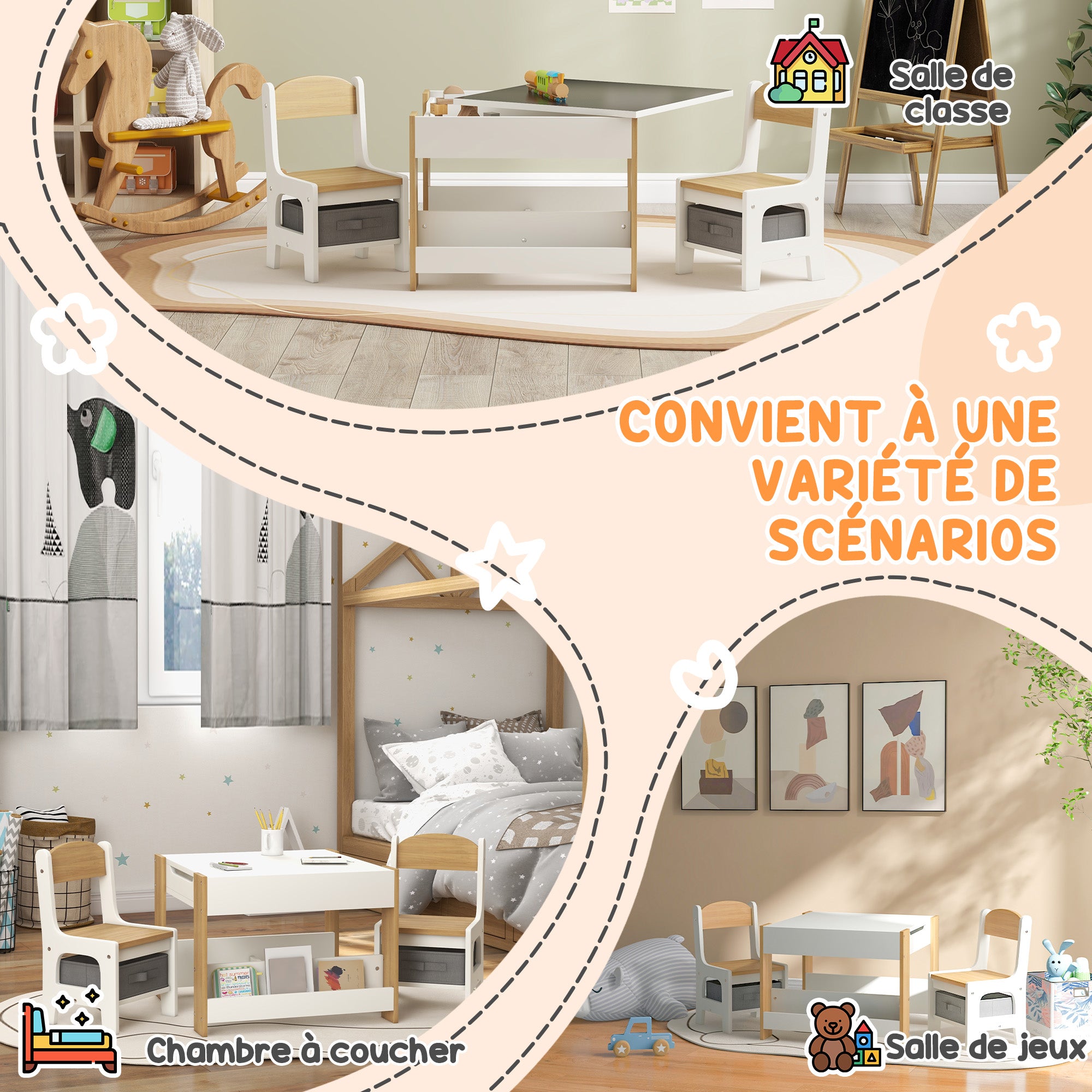 3-piece Set Table and 2 Chairs for Kids with Reversible Tabletop, Chalkboard, Storage Basket, Natural Wood Shelves