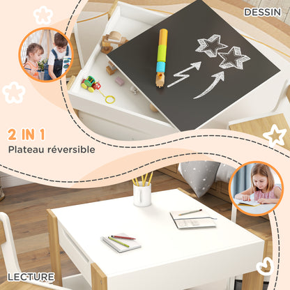 3-piece Set Table and 2 Chairs for Kids with Reversible Tabletop, Chalkboard, Storage Basket, Natural Wood Shelves