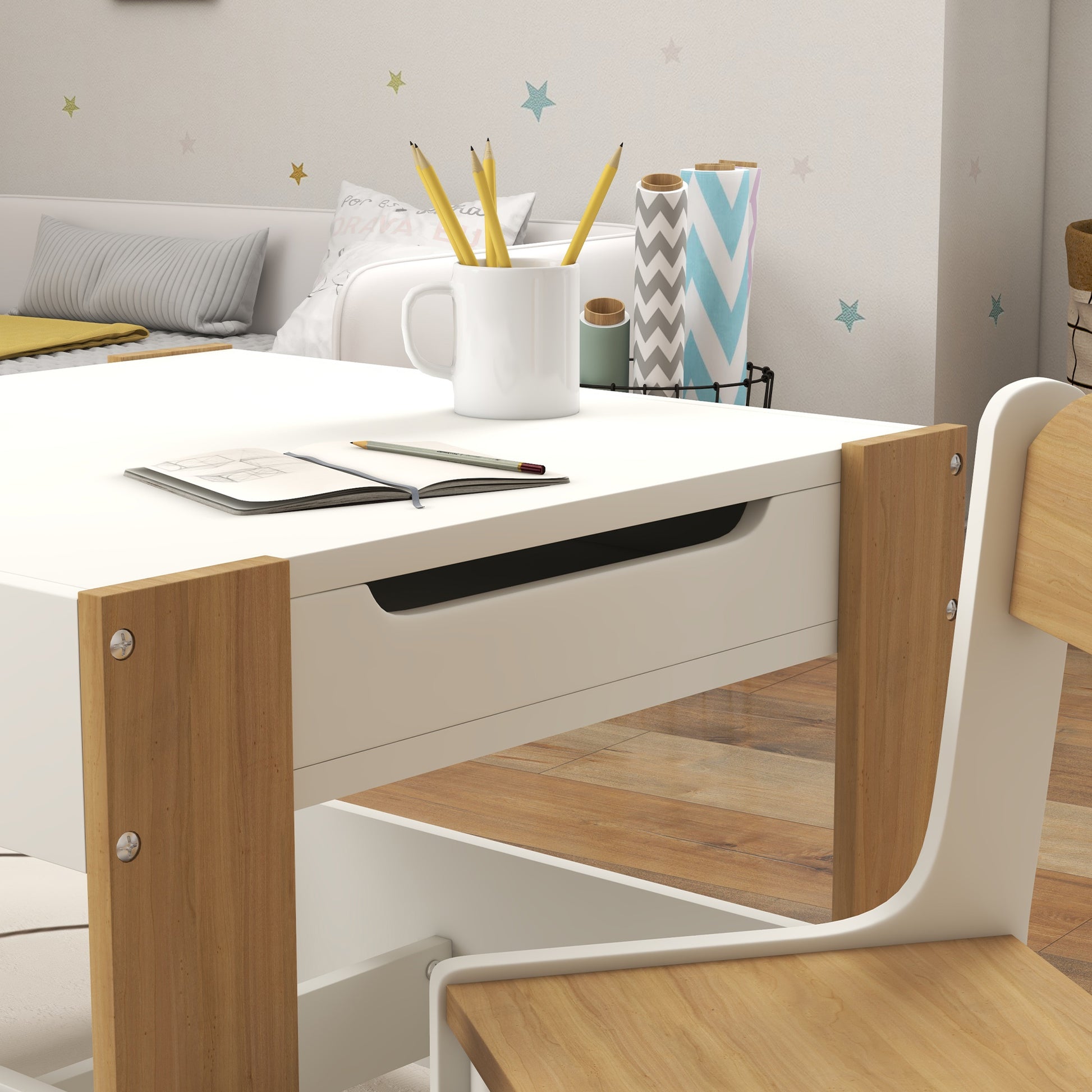 3-piece Set Table and 2 Chairs for Kids with Reversible Tabletop, Chalkboard, Storage Basket, Natural Wood Shelves