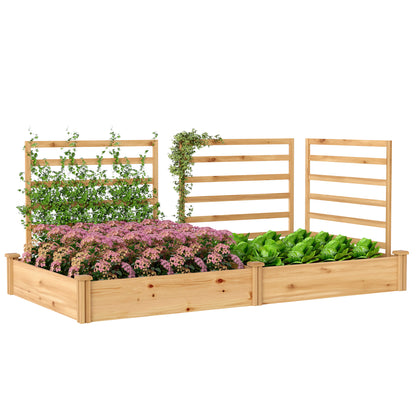 Raised Wooden Planter with 3 Trellises, Double Beds & Open Base — 240 x 125 x 102 cm (94.5" x 49.2" x 40.2") — Natural Pine