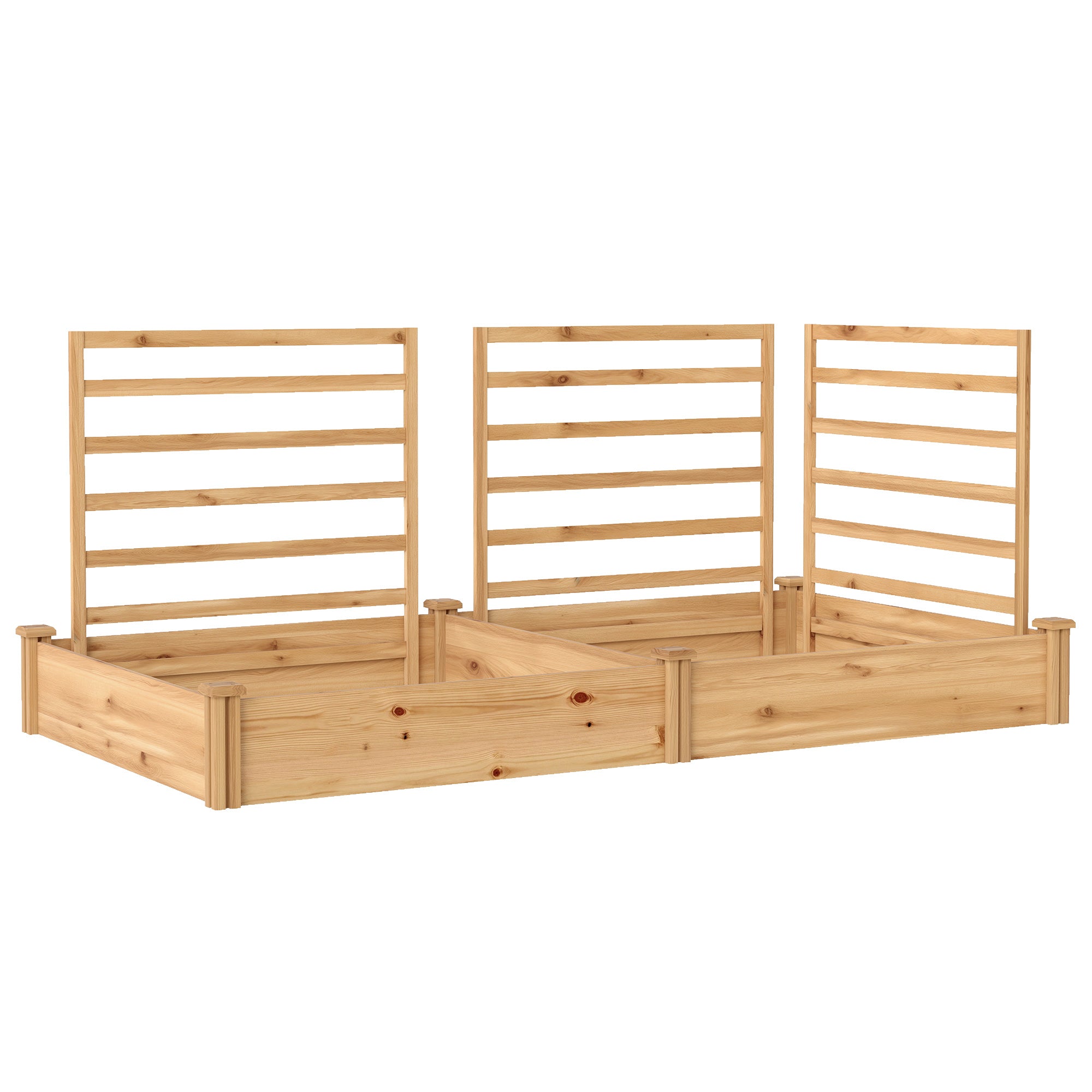 Raised Wooden Planter with 3 Trellises, Double Beds & Open Base — 240 x 125 x 102 cm (94.5" x 49.2" x 40.2") — Natural Pine