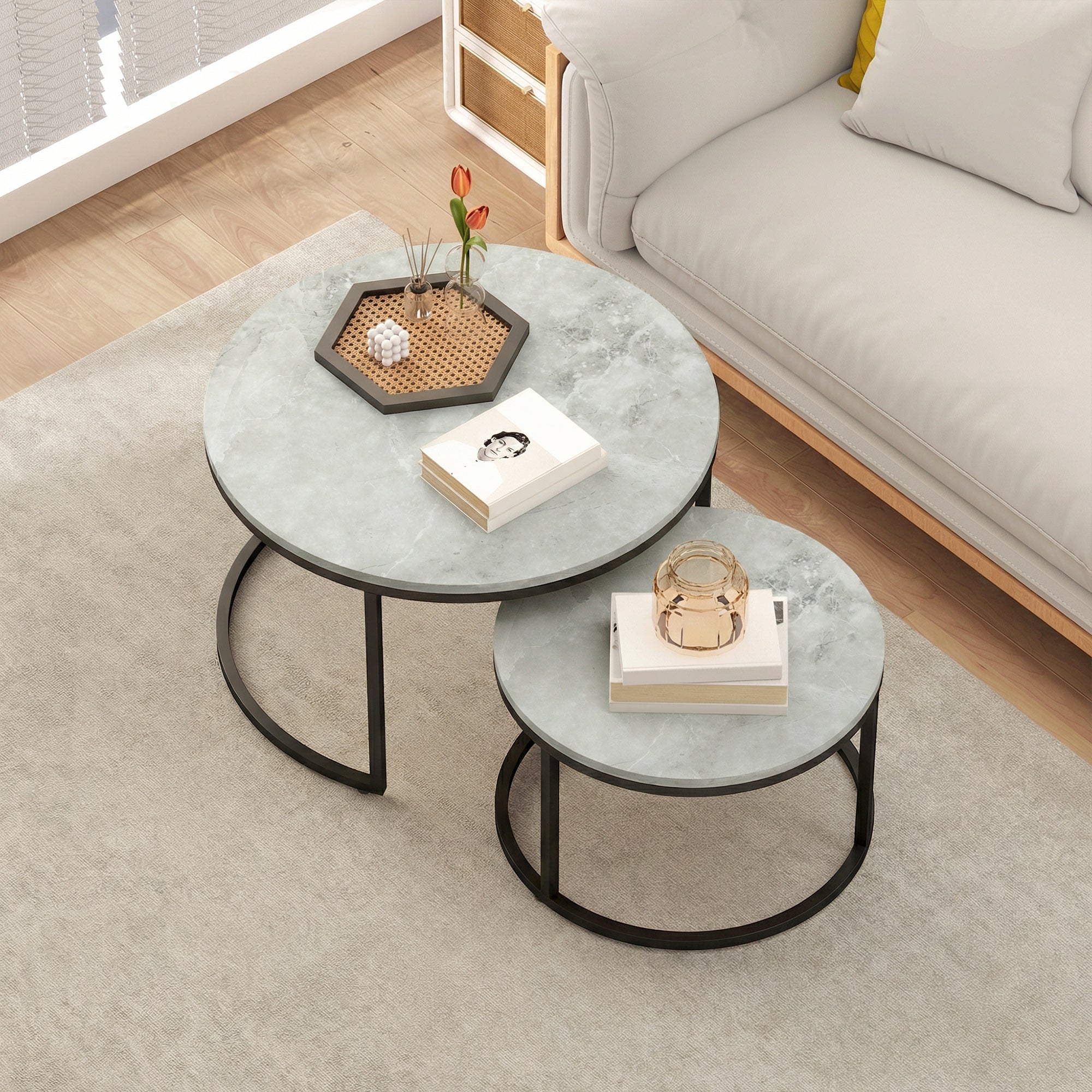 Set of 2 Nesting Round Coffee Tables — Stackable Industrial Design, Black Metal Legs, Gray Cement Top