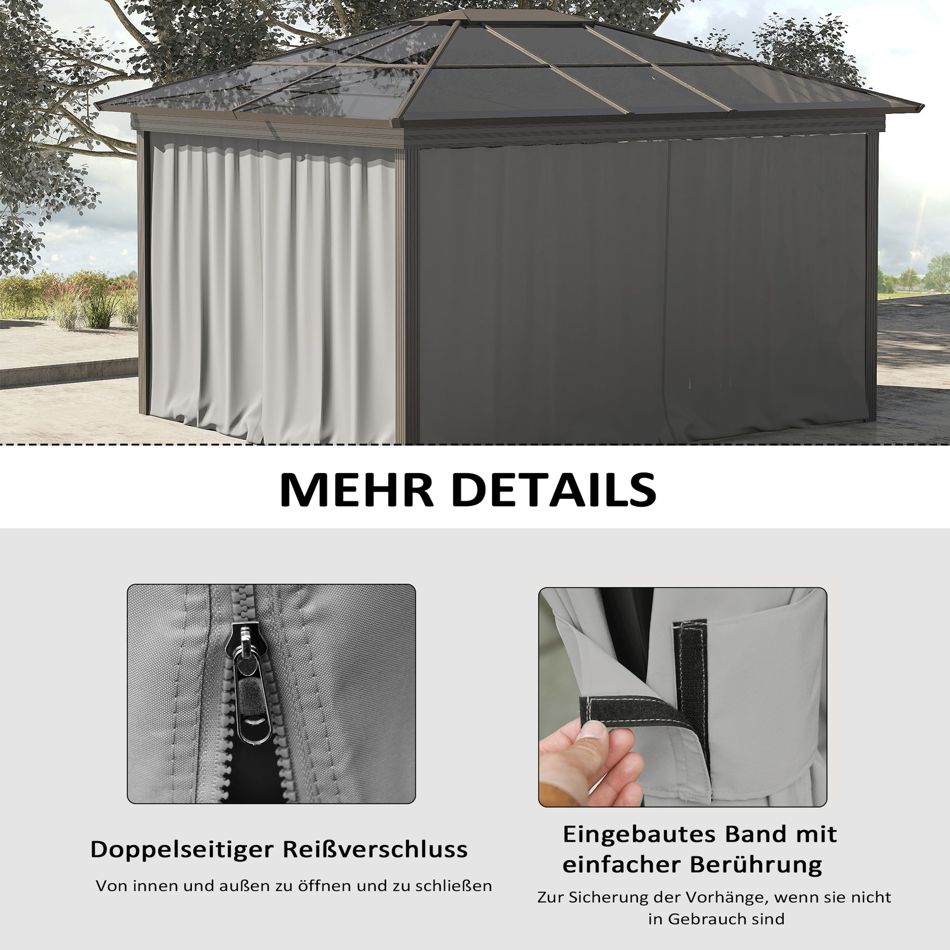 Side Wall 4-Piece Set for 3x3m Pavilion Side Panels with Hooks 302 x 205 cm Waterproof Stable Winterproof Side Panel Side Walls for Party Tent Garden Pavilion Light Gray