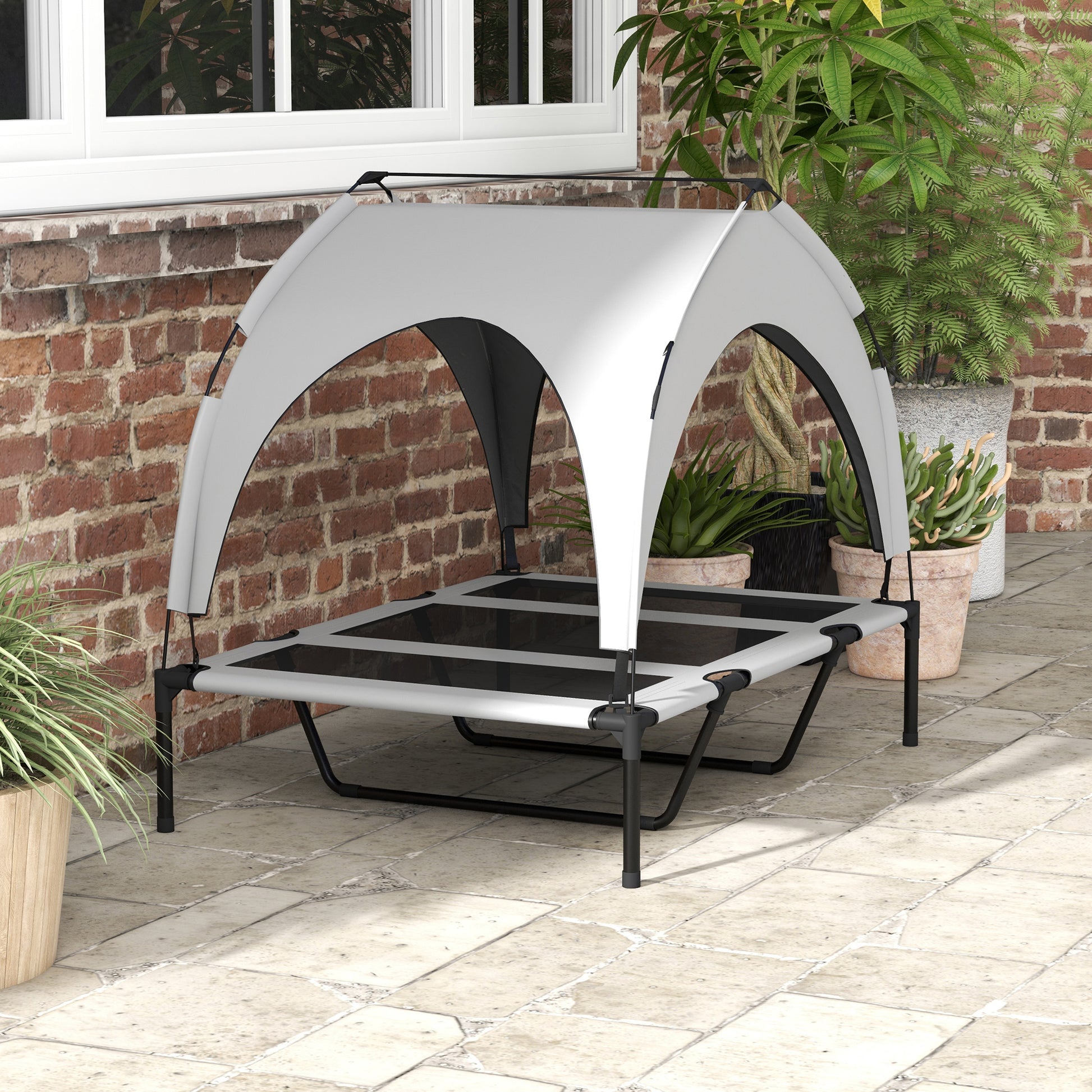 Elevated Dog Bed with Canopy, Pet Bed, Outdoor Dog Cot with Roof, Breathable, for Small and Mini Dogs Light Gray Oxford 106 x 76 x 94 cm