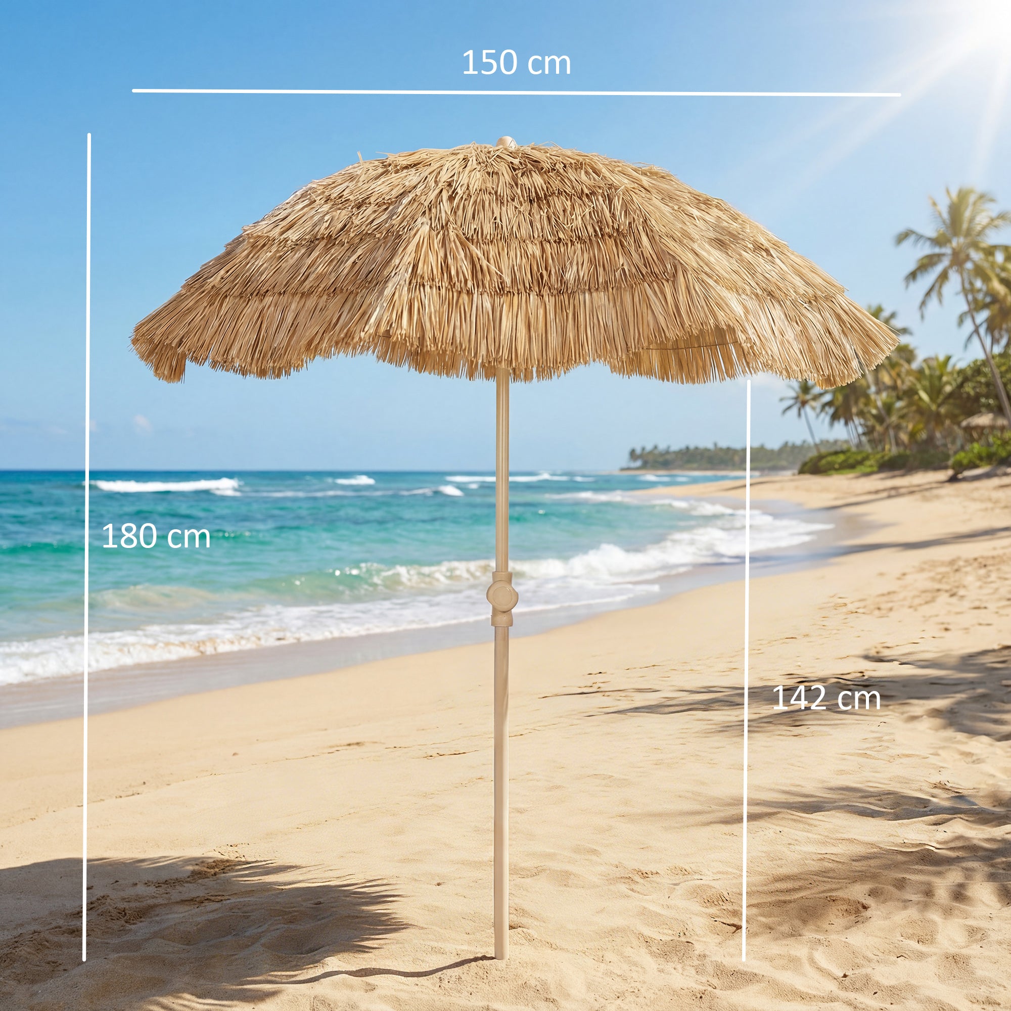 59 in (150 cm) Hula Thatched Tiki Beach & Patio Umbrella with Sand Anchor — Adjustable Height & Tilt, Portable with Carry Bag, Brown