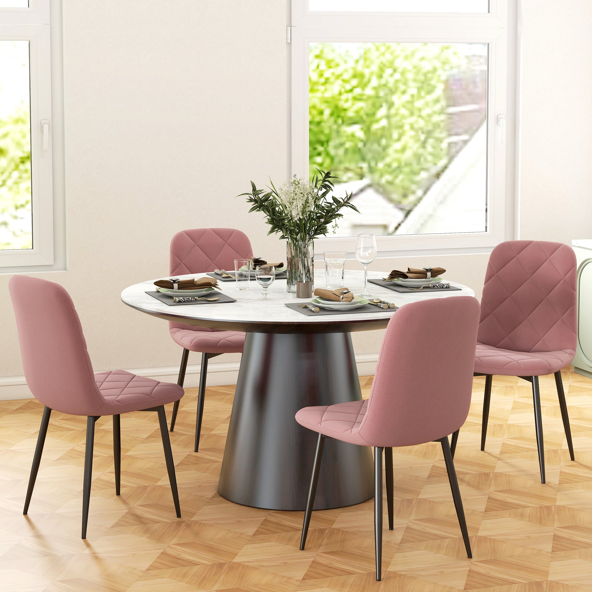 Dining Chairs 4-Piece Set Kitchen Chair with Backrest, Velvet Look, Modern Armchair Upholstered Chairs with Steel Legs for Dining Room, Dining Table, Pink