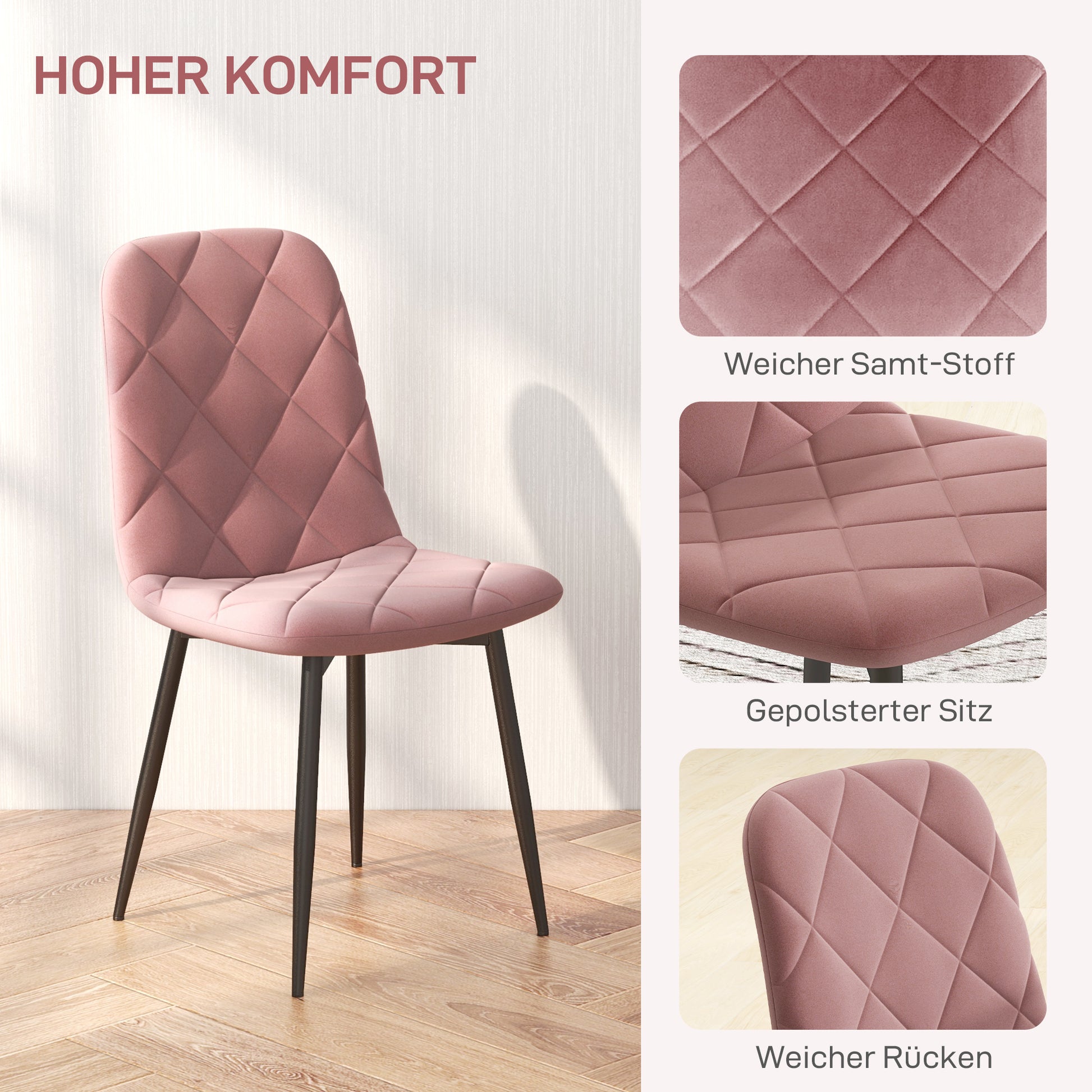Dining Chairs 4-Piece Set Kitchen Chair with Backrest, Velvet Look, Modern Armchair Upholstered Chairs with Steel Legs for Dining Room, Dining Table, Pink