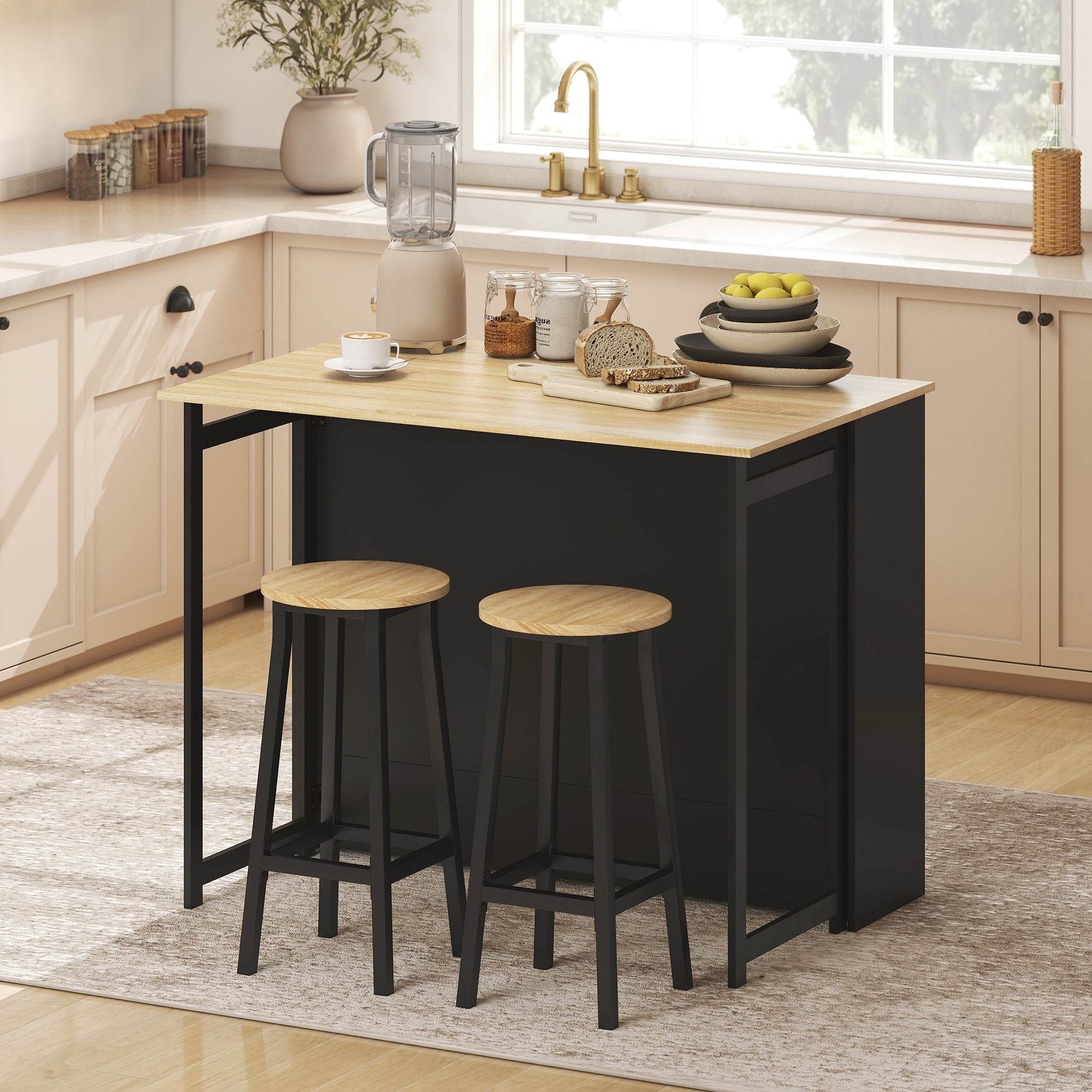 Extendable Bar Table with Drop-Leaf — High Kitchen Table with 1 Cabinet & 4 Open Compartments, Modern Two-Tone Design for Small Spaces, 45.7 x 31.3 x 35.6 in, Black
