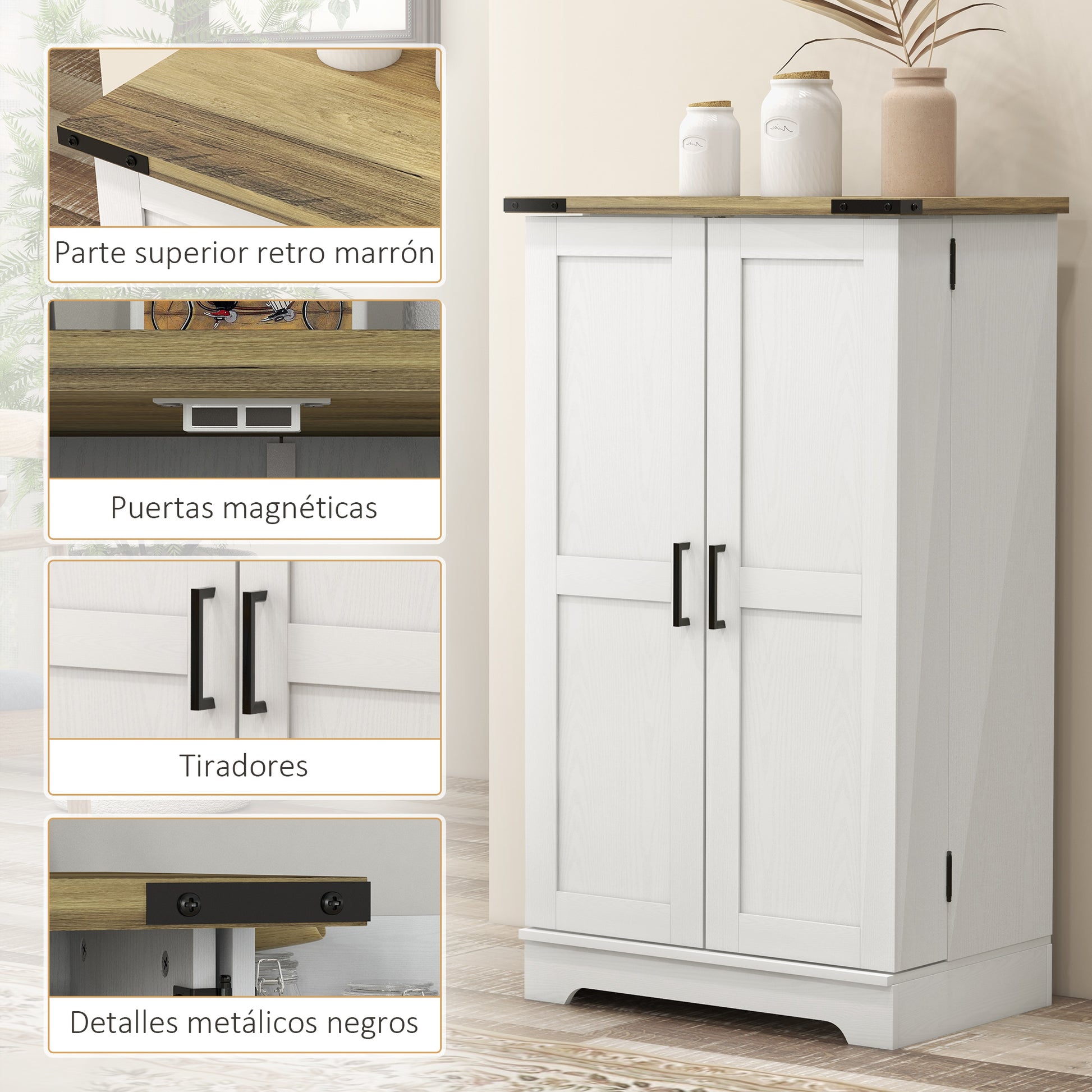 Kitchen Pantry Cabinet Kitchen Cabinet with 2 Doors and 16 Shelves Rustic Pantry with Adjustable Shelves for Dining Room Living Room 60x40x104 cm Cream