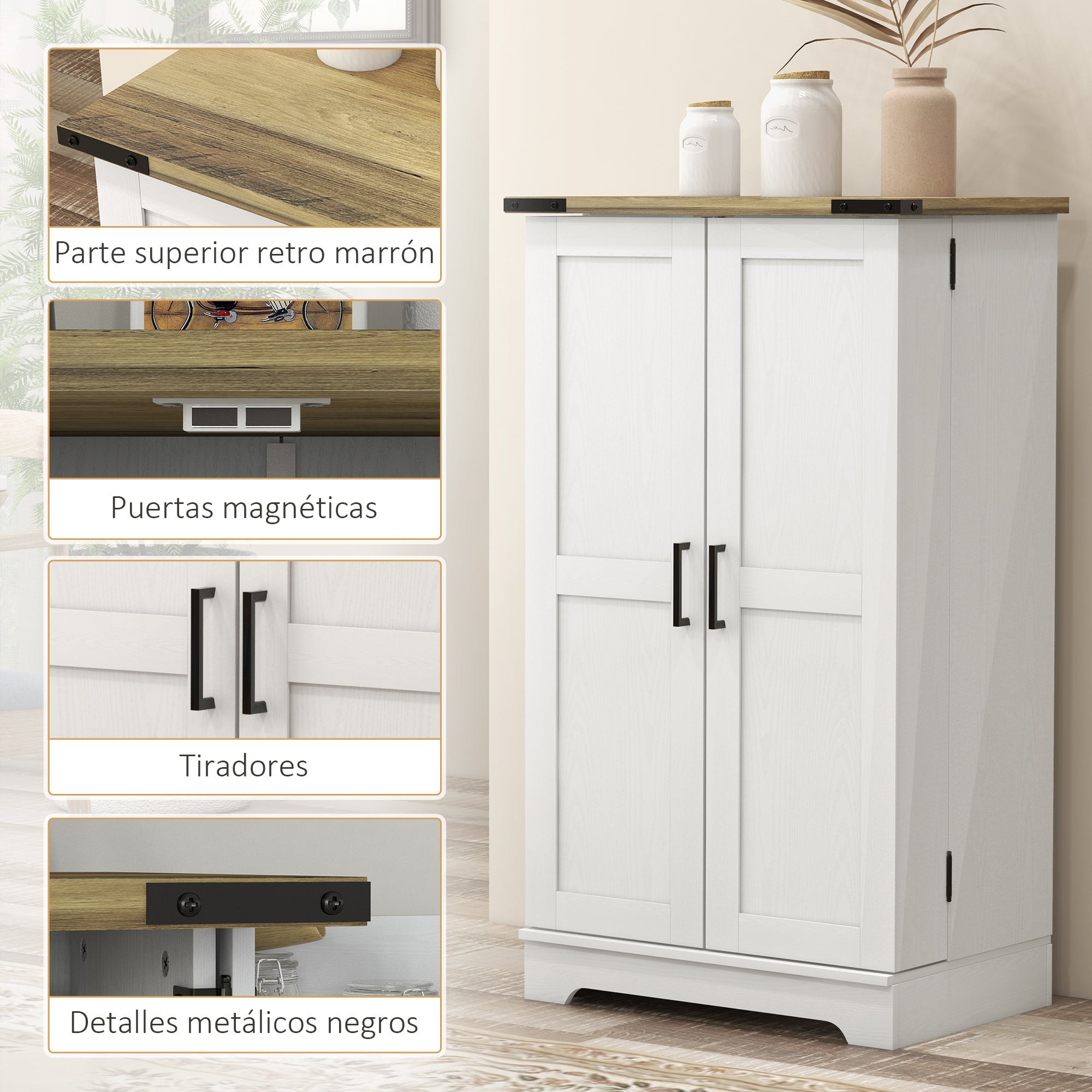 Kitchen Pantry Cabinet Kitchen Cabinet with 2 Doors and 16 Shelves Rustic Pantry with Adjustable Shelves for Dining Room Living Room 60x40x104 cm Cream