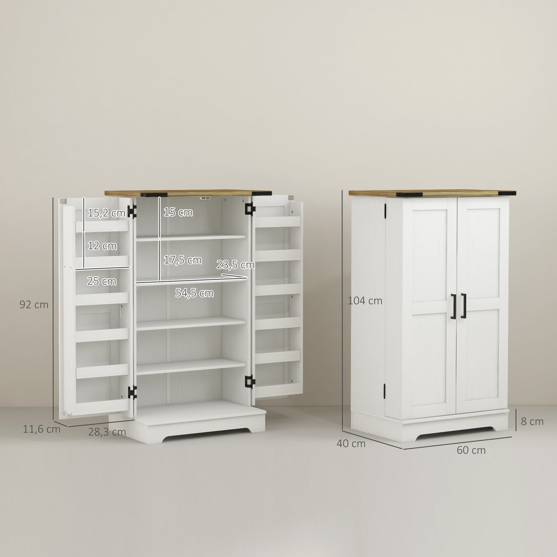 Kitchen Pantry Cabinet Kitchen Cabinet with 2 Doors and 16 Shelves Rustic Pantry with Adjustable Shelves for Dining Room Living Room 60x40x104 cm Cream
