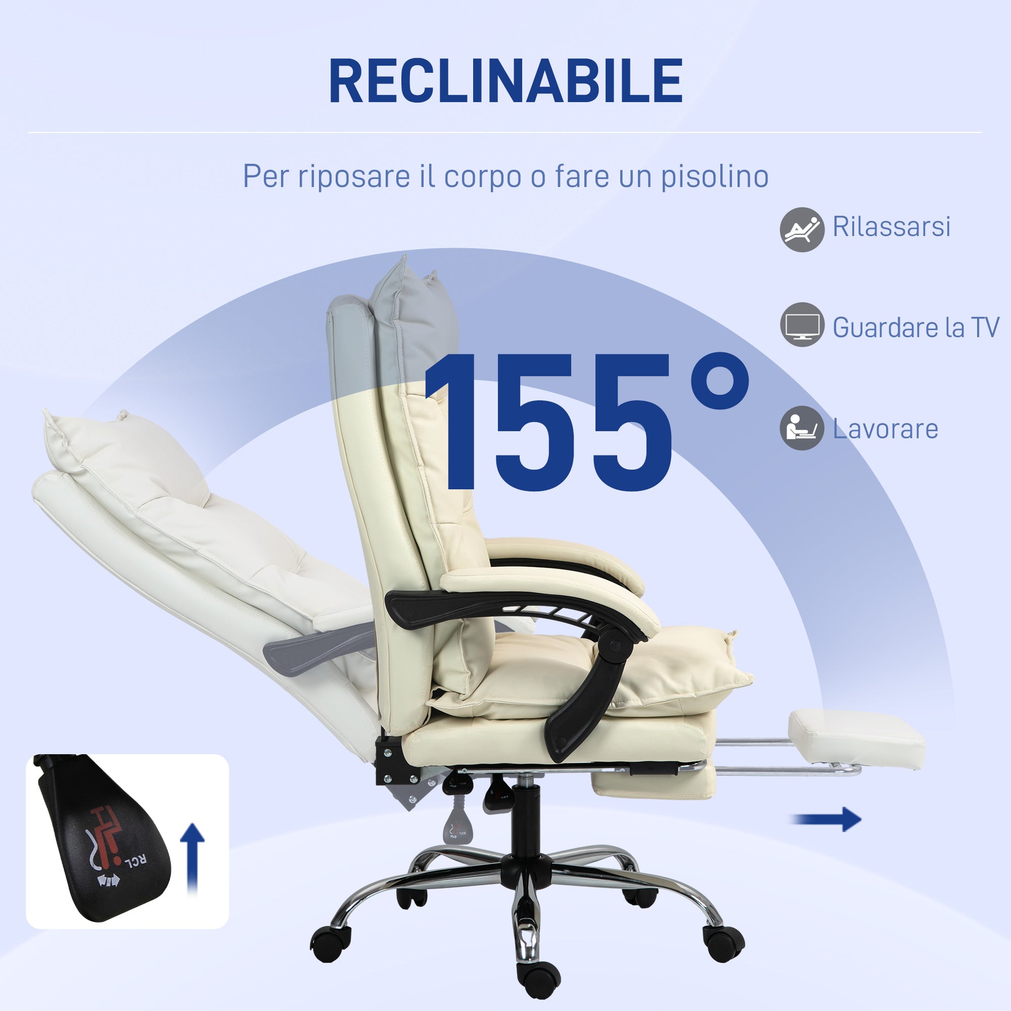 Ergonomic Office Chair, 155° Recline with Retractable Footrest, Easy-Clean PU Leather Desk Chair, Padded Armrests, Swivel & Height Adjustable, Beige