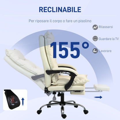 Ergonomic Office Chair, 155° Recline with Retractable Footrest, Easy-Clean PU Leather Desk Chair, Padded Armrests, Swivel & Height Adjustable, Beige