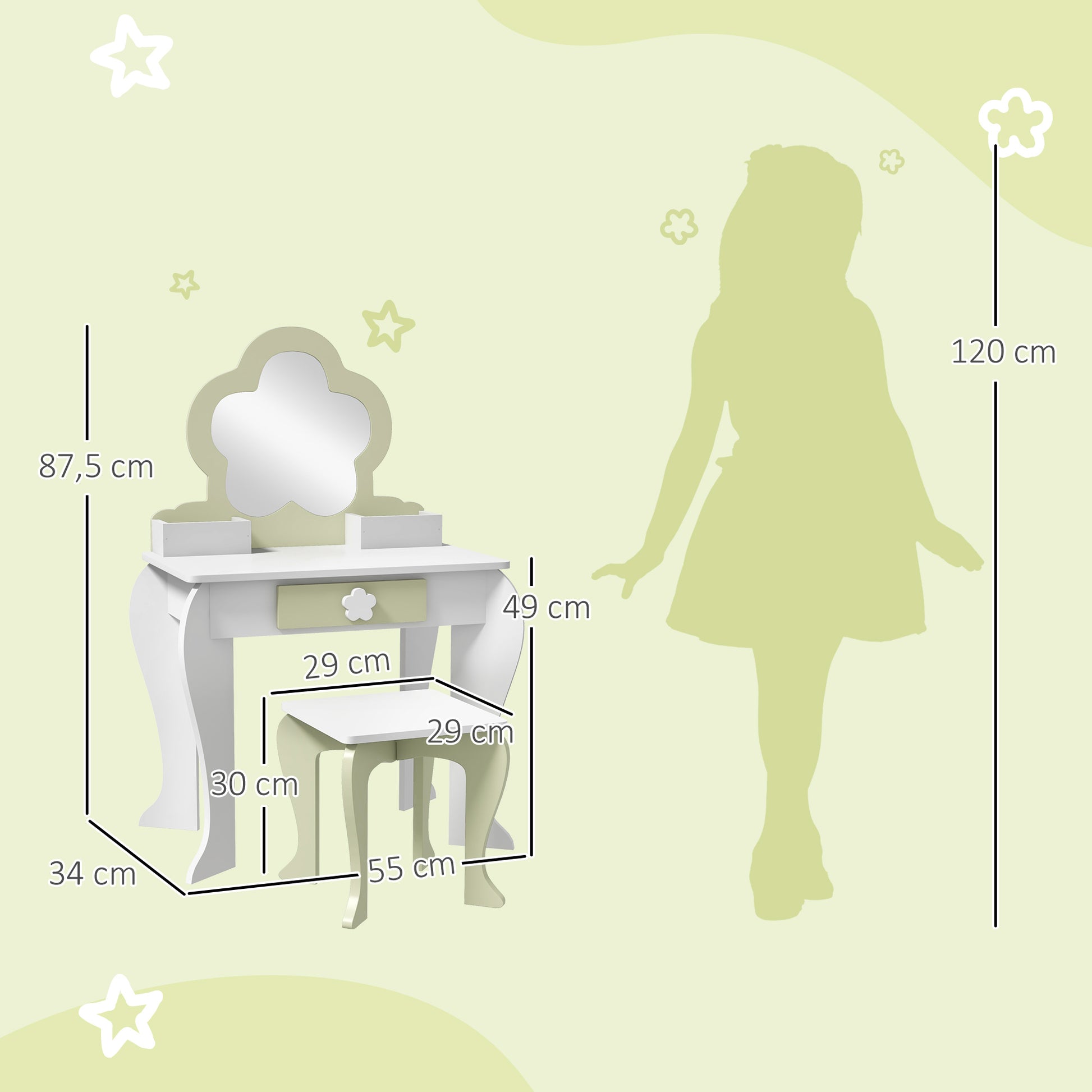 ZONEKIZ Girls' Dressing Table with Mirror and Stool Makeup Dressing Table for Kids 3-6 Years Old with 2 Boxes and 1 Drawer 55x34x87.5 cm White and Pastel Green