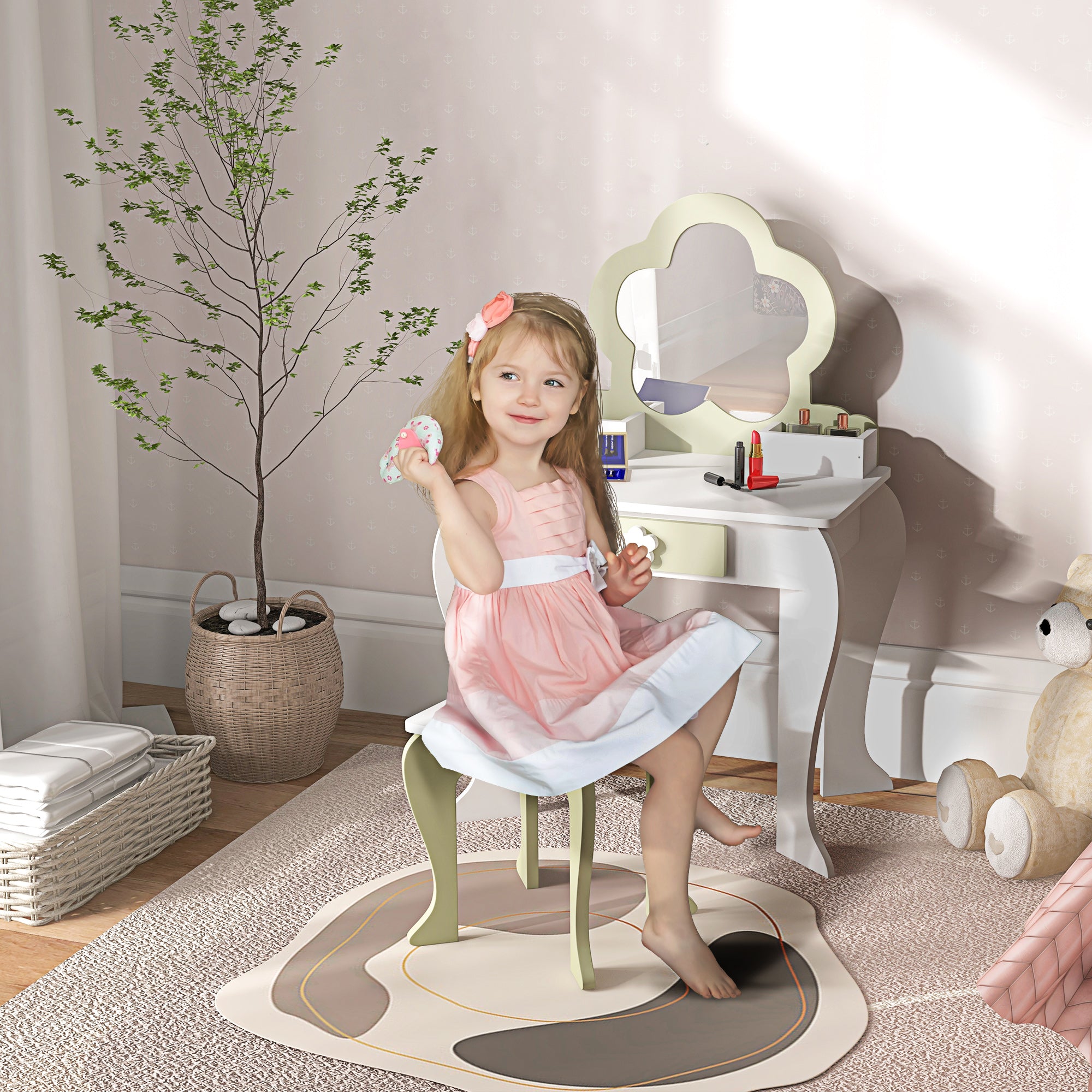 ZONEKIZ Girls' Dressing Table with Mirror and Stool Makeup Dressing Table for Kids 3-6 Years Old with 2 Boxes and 1 Drawer 55x34x87.5 cm White and Pastel Green