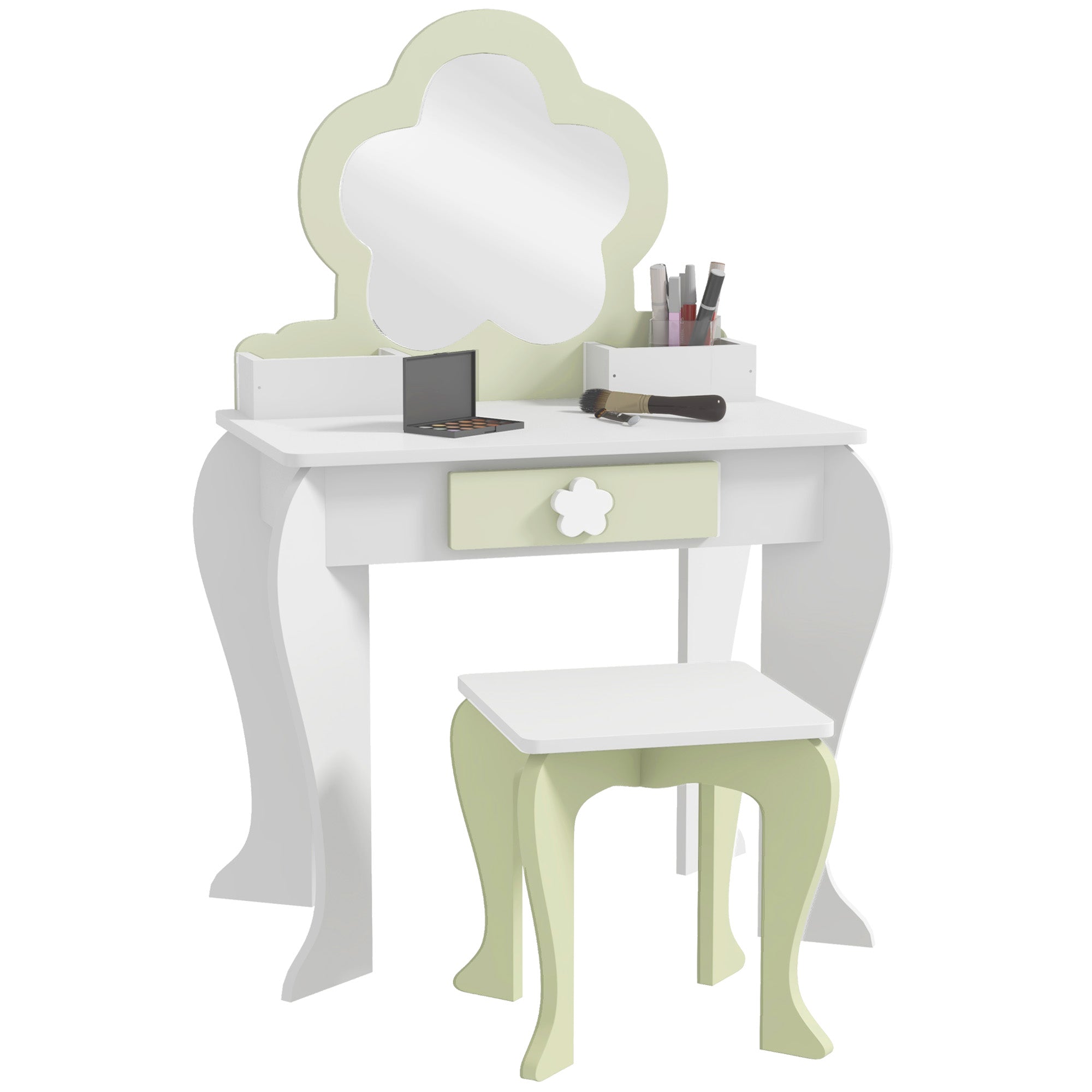 ZONEKIZ Girls' Dressing Table with Mirror and Stool Makeup Dressing Table for Kids 3-6 Years Old with 2 Boxes and 1 Drawer 55x34x87.5 cm White and Pastel Green