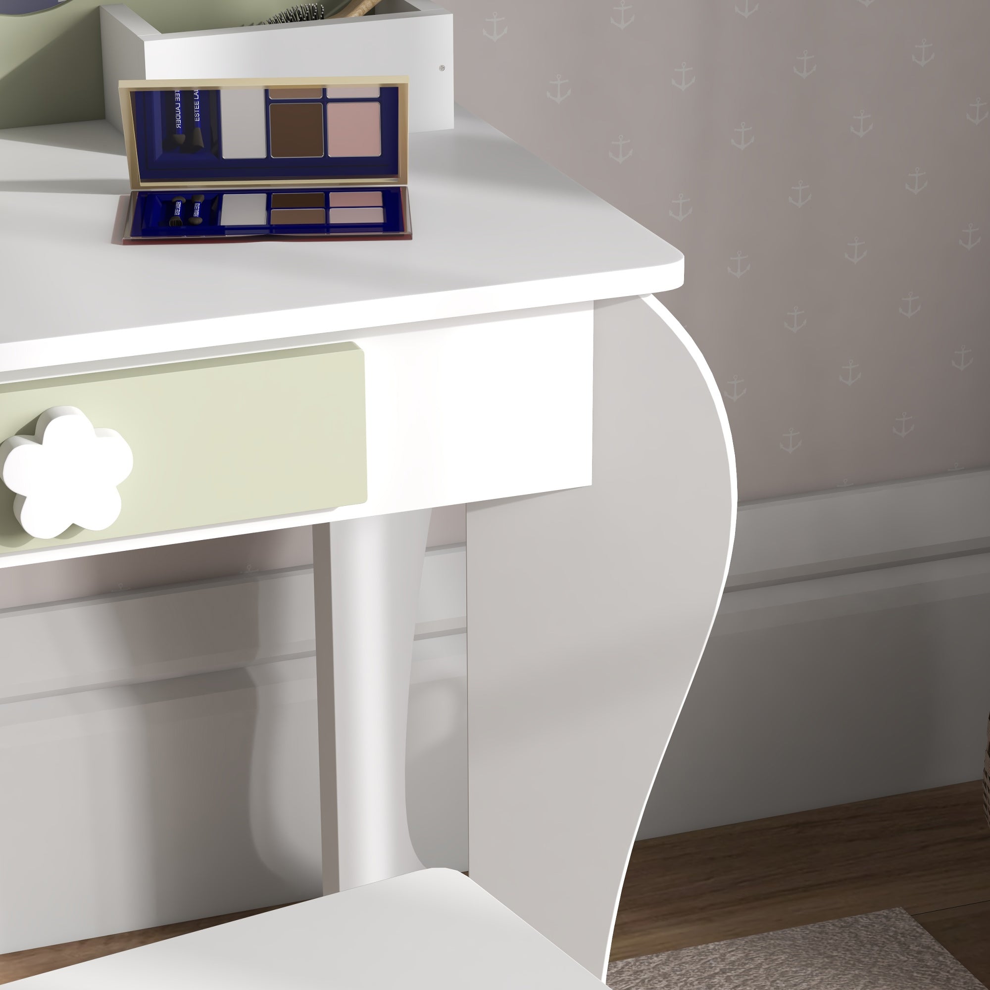 ZONEKIZ Girls' Dressing Table with Mirror and Stool Makeup Dressing Table for Kids 3-6 Years Old with 2 Boxes and 1 Drawer 55x34x87.5 cm White and Pastel Green