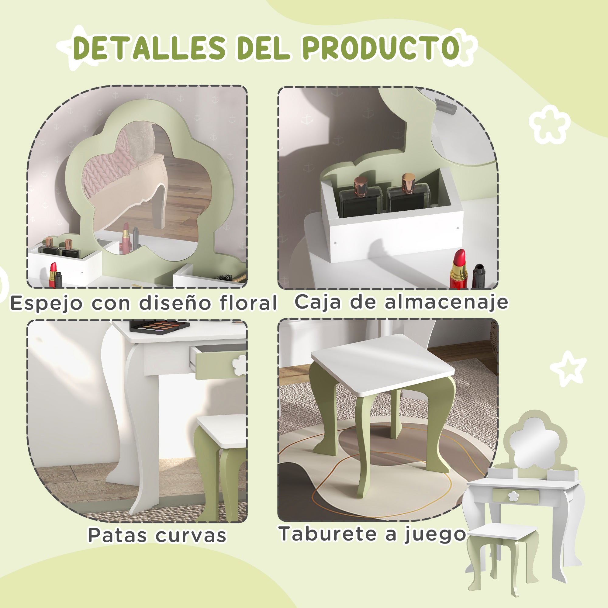 ZONEKIZ Girls' Dressing Table with Mirror and Stool Makeup Dressing Table for Kids 3-6 Years Old with 2 Boxes and 1 Drawer 55x34x87.5 cm White and Pastel Green