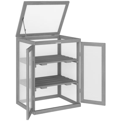 3-Tier Greenhouse Seedling Box Greenhouse Seedling Box with Two Doors made of Wood and Polycarbonate Weatherproof Load Capacity up to 15 kg (per shelf) Dark Gray 58 x 44 x 78 cm