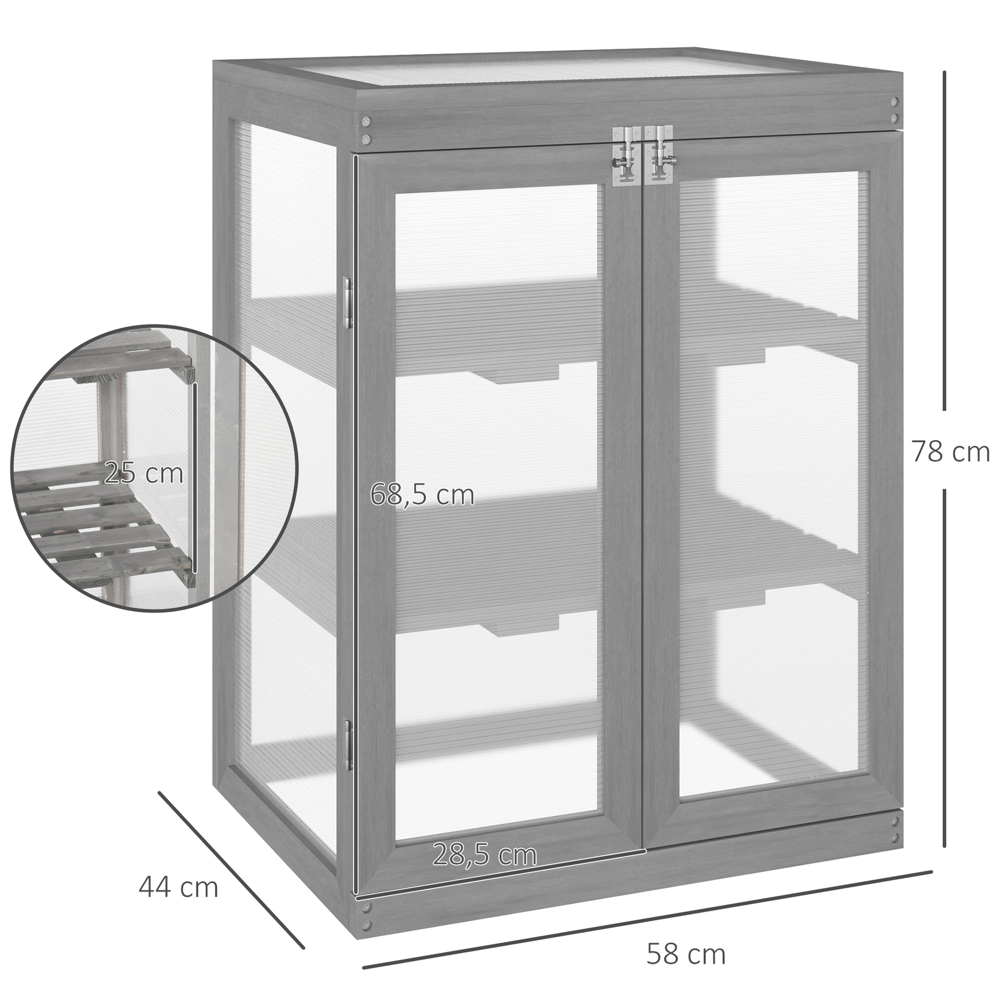 3-Tier Greenhouse Seedling Box Greenhouse Seedling Box with Two Doors made of Wood and Polycarbonate Weatherproof Load Capacity up to 15 kg (per shelf) Dark Gray 58 x 44 x 78 cm