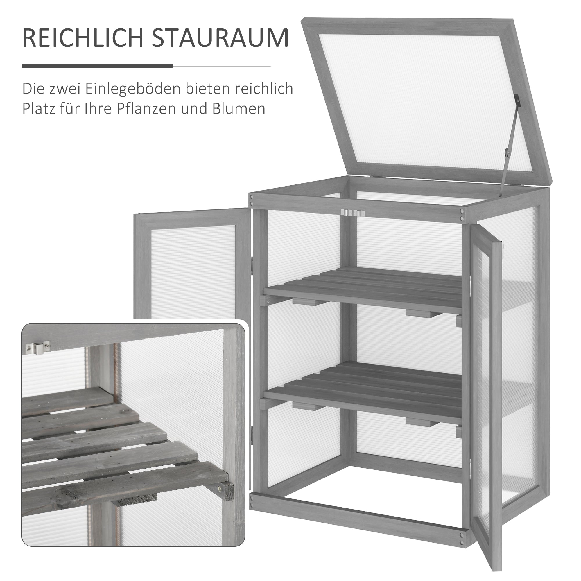 3-Tier Greenhouse Seedling Box Greenhouse Seedling Box with Two Doors made of Wood and Polycarbonate Weatherproof Load Capacity up to 15 kg (per shelf) Dark Gray 58 x 44 x 78 cm