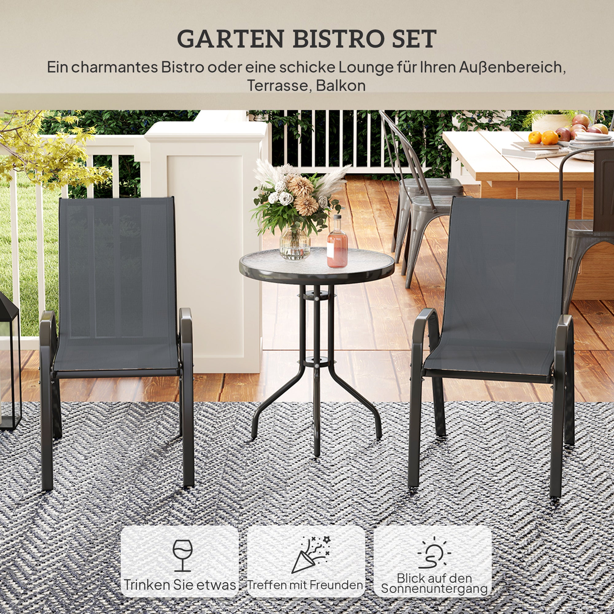 3-Piece Weather-Resistant Bistro Patio Set with Glass Table and Stackable Chairs — Dark Gray