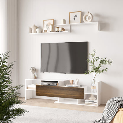 Living Room Furniture TV Stand Set for Wall-Mounted TVs up to 65" or Stand TVs up to 40" with TV Table 153.6x25x42 cm and Wall Shelf 150x14.5x16.3 cm White and Brown