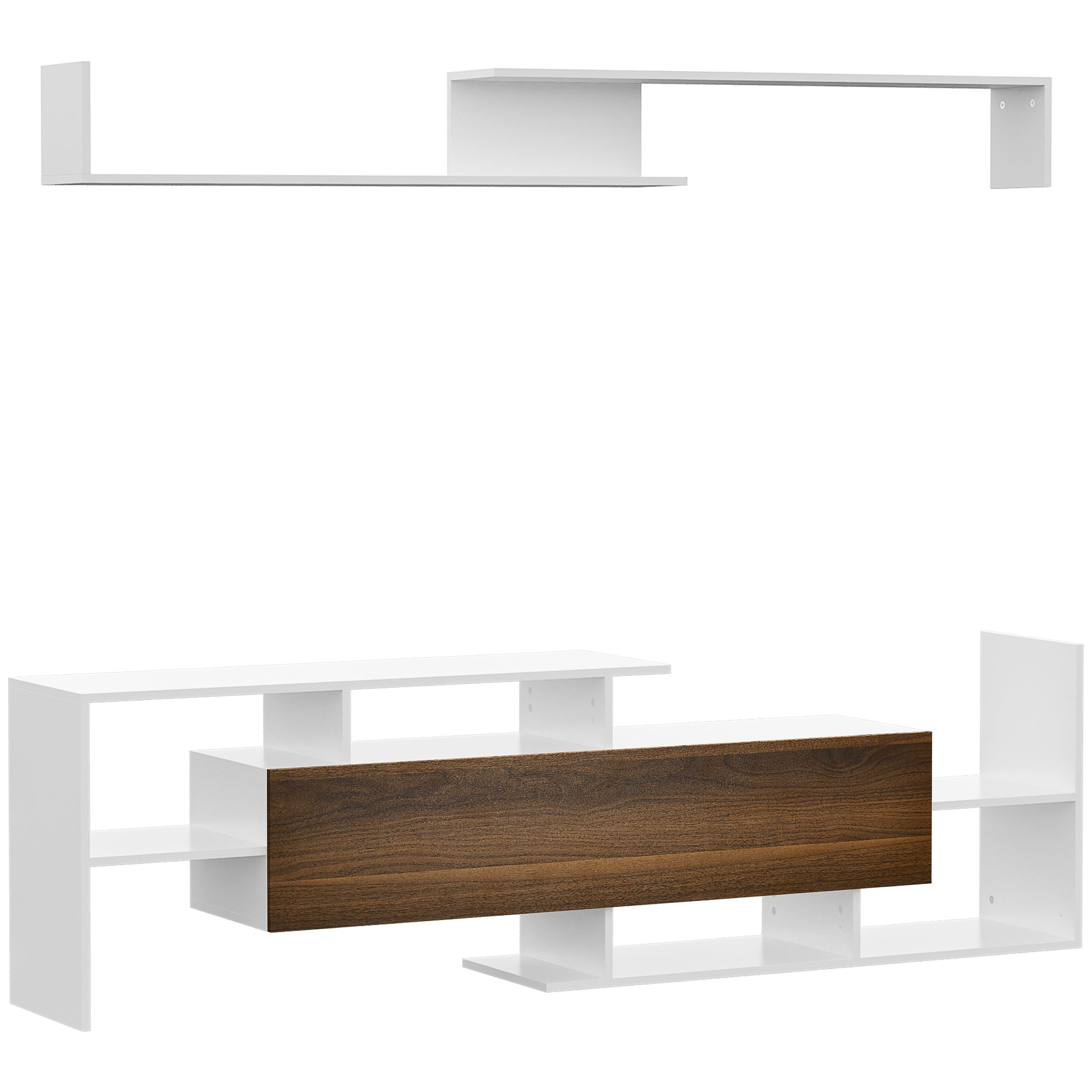 Living Room Furniture TV Stand Set for Wall-Mounted TVs up to 65" or Stand TVs up to 40" with TV Table 153.6x25x42 cm and Wall Shelf 150x14.5x16.3 cm White and Brown