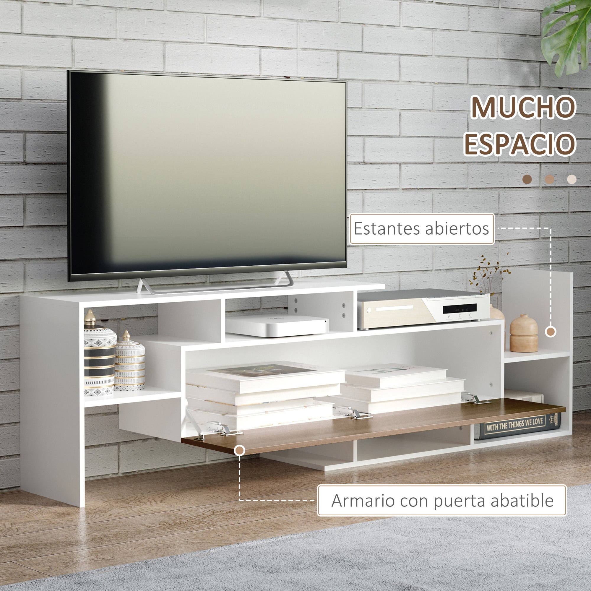 Living Room Furniture TV Stand Set for Wall-Mounted TVs up to 65" or Stand TVs up to 40" with TV Table 153.6x25x42 cm and Wall Shelf 150x14.5x16.3 cm White and Brown