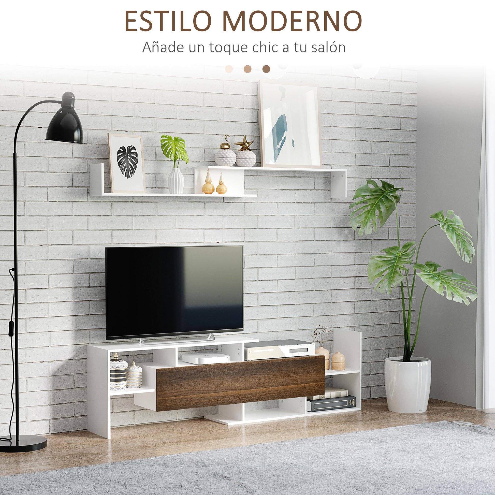 Living Room Furniture TV Stand Set for Wall-Mounted TVs up to 65" or Stand TVs up to 40" with TV Table 153.6x25x42 cm and Wall Shelf 150x14.5x16.3 cm White and Brown