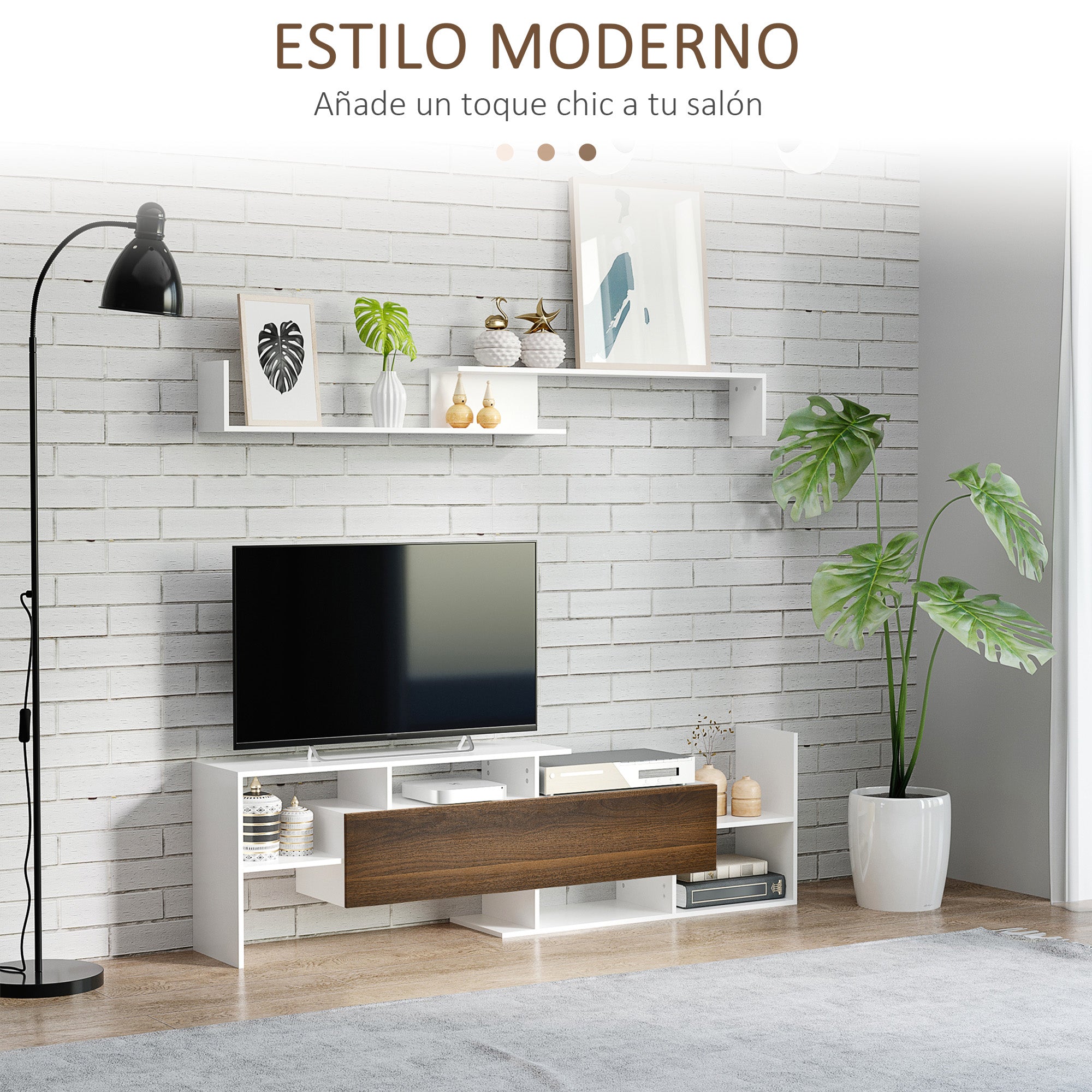 Living Room Furniture TV Stand Set for Wall-Mounted TVs up to 65" or Stand TVs up to 40" with TV Table 153.6x25x42 cm and Wall Shelf 150x14.5x16.3 cm White and Brown