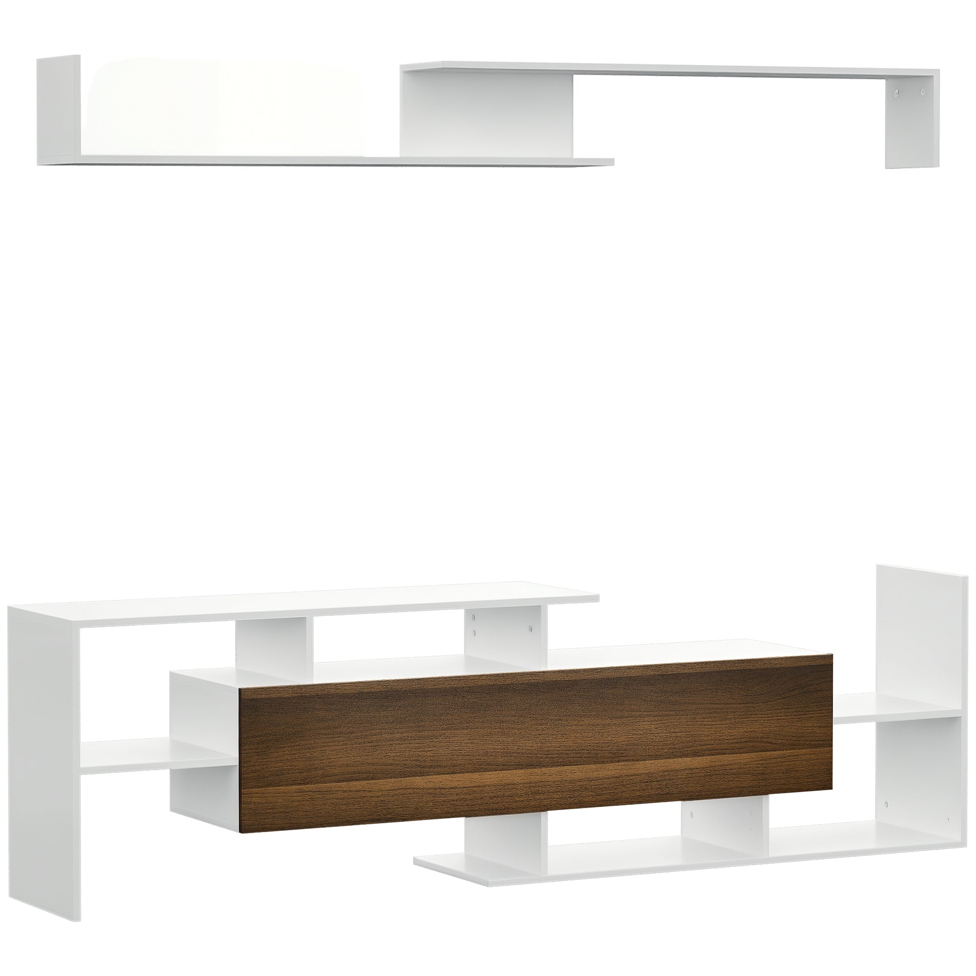 Living Room Furniture TV Stand Set for Wall-Mounted TVs up to 65" or Stand TVs up to 40" with TV Table 153.6x25x42 cm and Wall Shelf 150x14.5x16.3 cm White and Brown