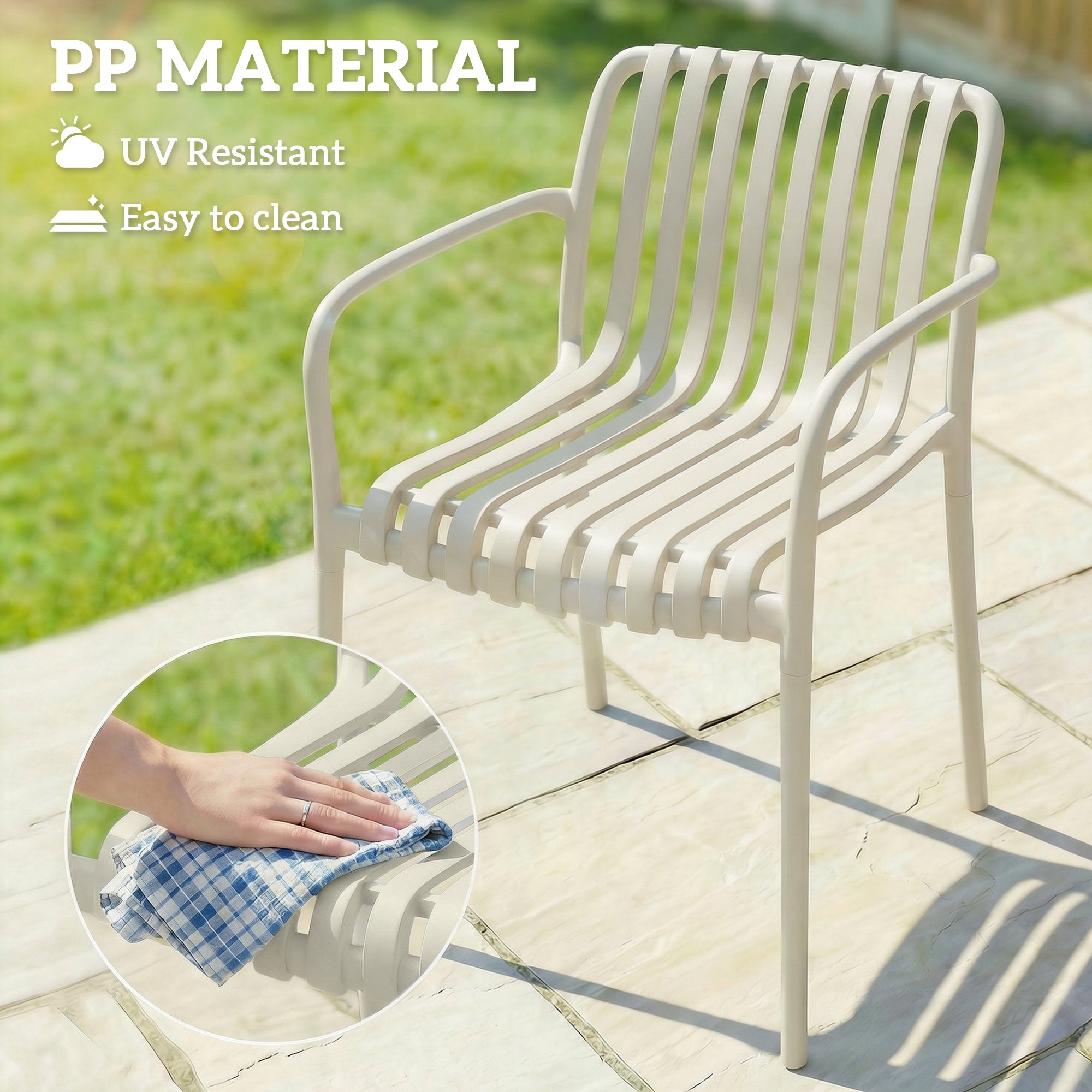 4-Pack Stackable Patio Chairs with Slatted Design & Armrests — Cream White, Ergonomic, 265 lb Capacity