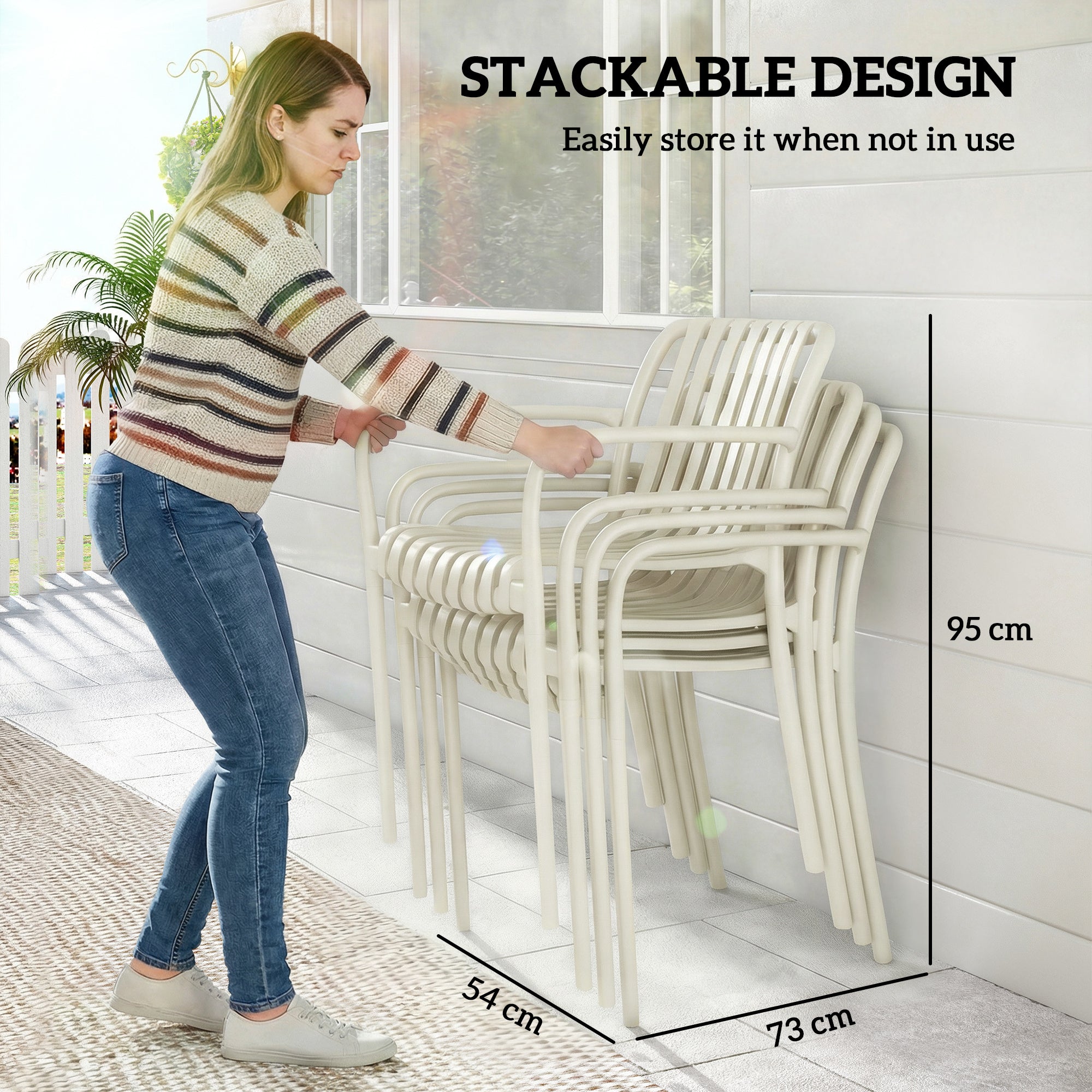 4-Pack Stackable Patio Chairs with Slatted Design & Armrests — Cream White, Ergonomic, 265 lb Capacity