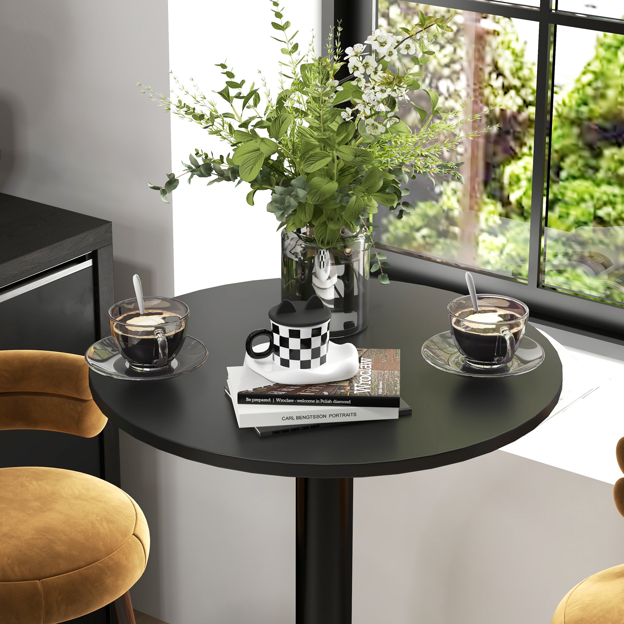 Round Bar Table Bistro Table High Dining Table Contemporary Style Steel Frame dim. 60L x 60W x 102H cm Black