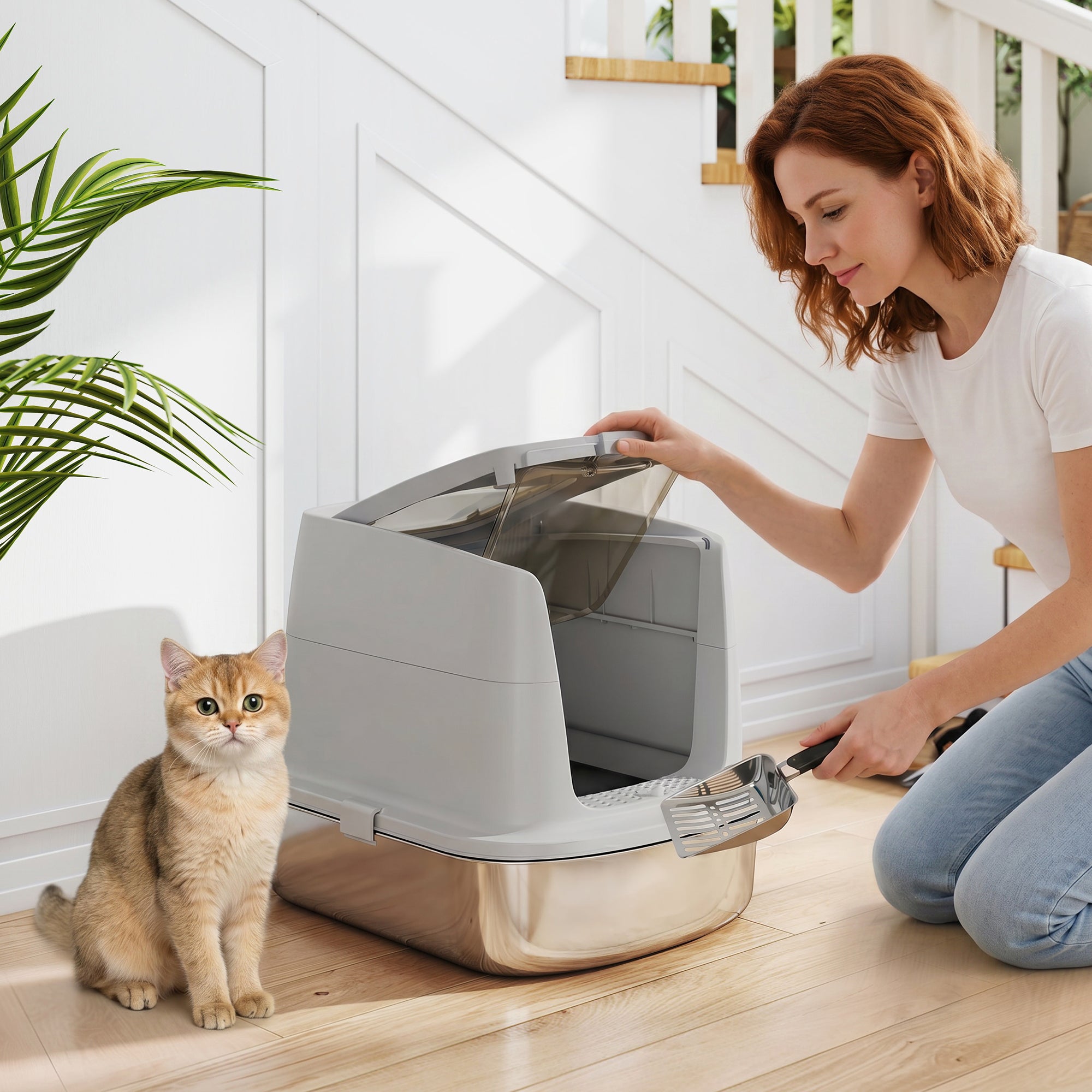 Covered Stainless Steel Cat Litter Box with Flip-Top Lid, Dual Entry, Scoop, High Walls, Leak-Resistant, Odor-Control, Easy to Clean - Light Gray
