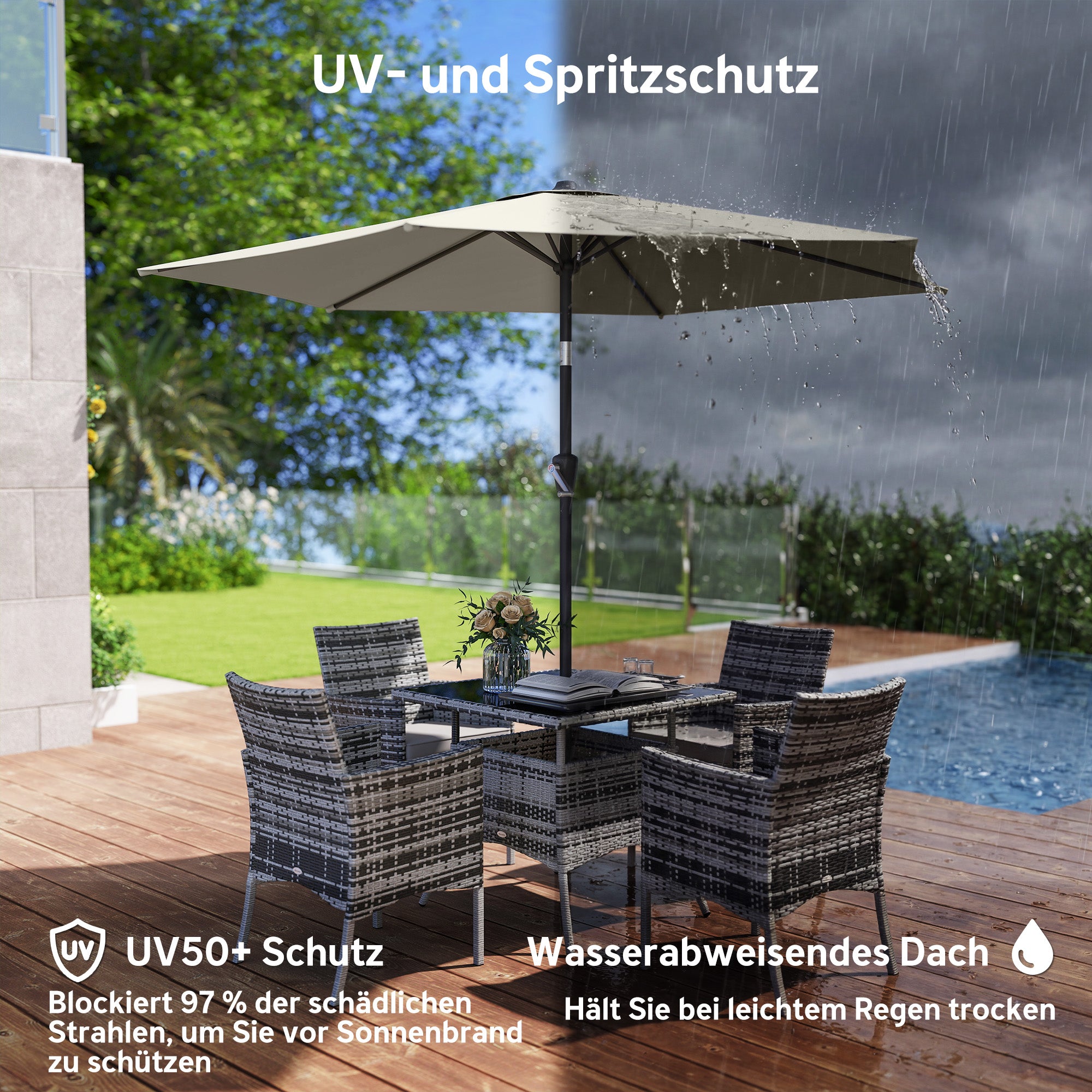 270 cm (106 in) Tiltable Patio Umbrella with Crank, UPF 50+ Garden Parasol — Wind-Resistant, Stable Market Umbrella for Garden, Balcony, Terrace — Cream White