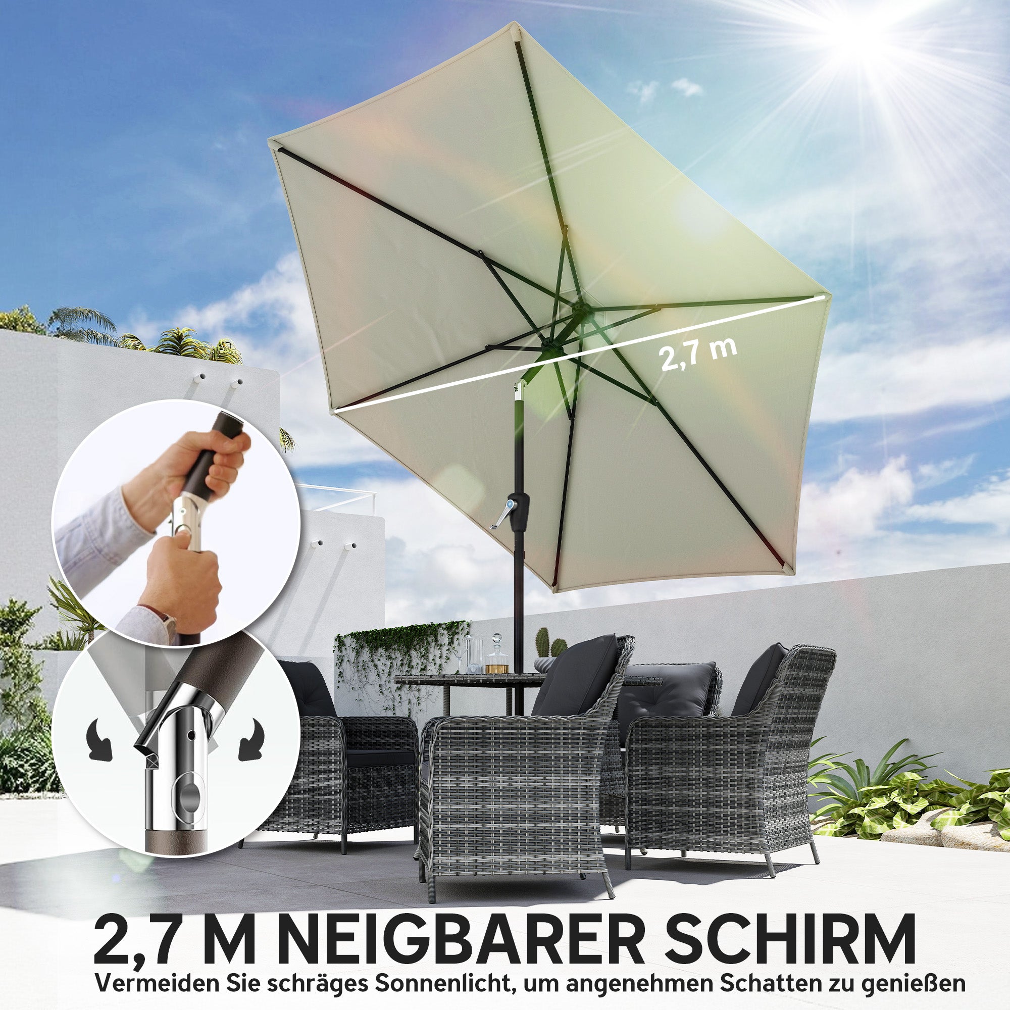 270 cm (106 in) Tiltable Patio Umbrella with Crank, UPF 50+ Garden Parasol — Wind-Resistant, Stable Market Umbrella for Garden, Balcony, Terrace — Cream White
