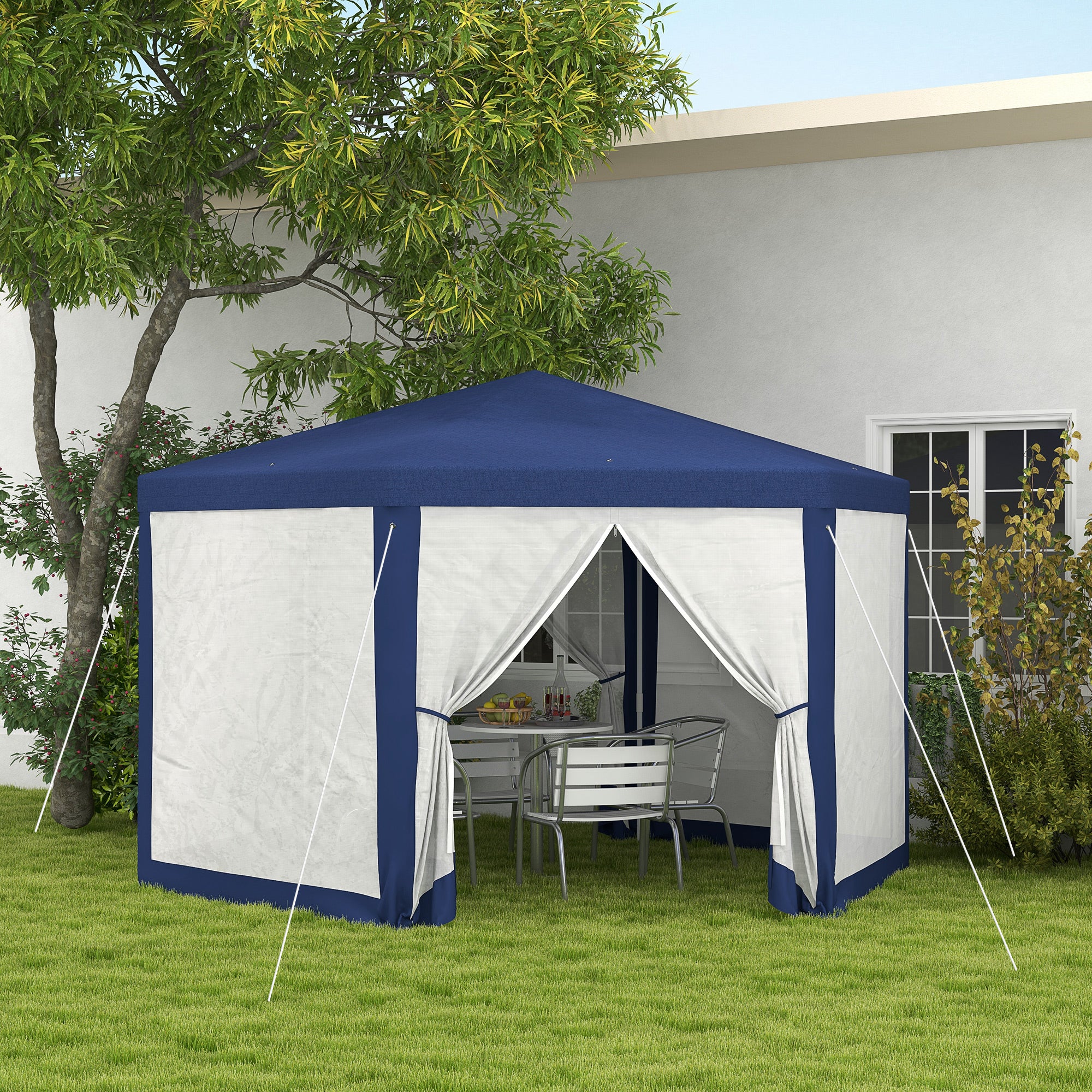 Pavilion 4x3m Hexagonal Water-Repellent Stable Winter-Resistant Pavilion with Mosquito Net Party Tent Garden Gazebo with 6 Side Panels Garden Pavilion for Camping Garden, Blue