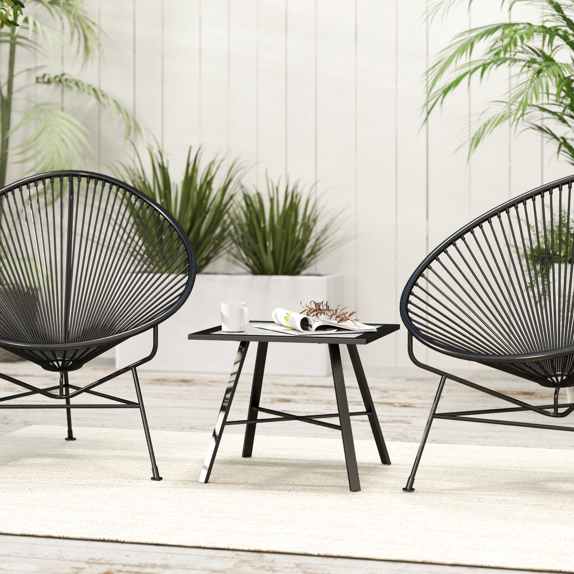 Square Outdoor Side Table with Stone-Look Tabletop for Garden Patio 55x55x46 cm Black and Gray