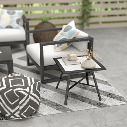 Square Outdoor Side Table with Stone-Look Tabletop for Garden Patio 55x55x46 cm Black and Gray