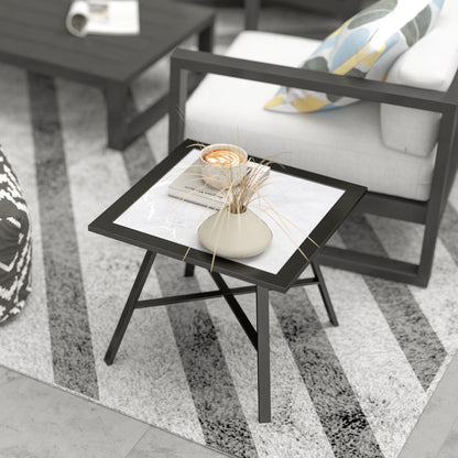 Square Outdoor Side Table with Stone-Look Tabletop for Garden Patio 55x55x46 cm Black and Gray