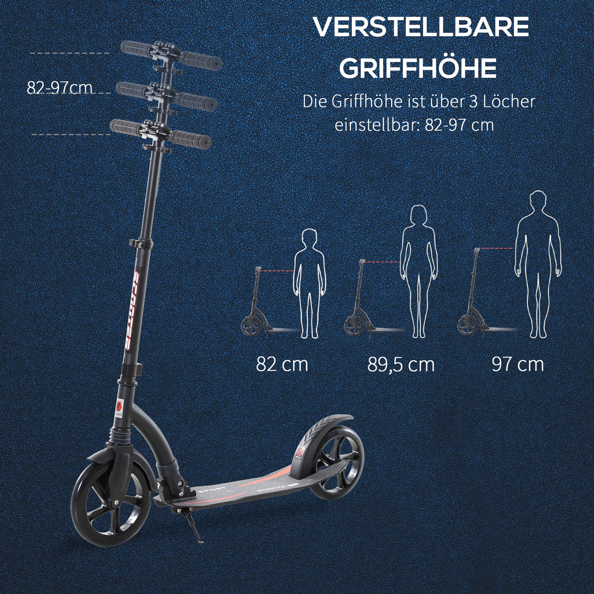 Kids Scooter, Kick Scooter with Shock Absorption, Foldable and Height Adjustable, for Ages 14+, Aluminum, Black, 92.5 x 37.5 x 82-97 cm