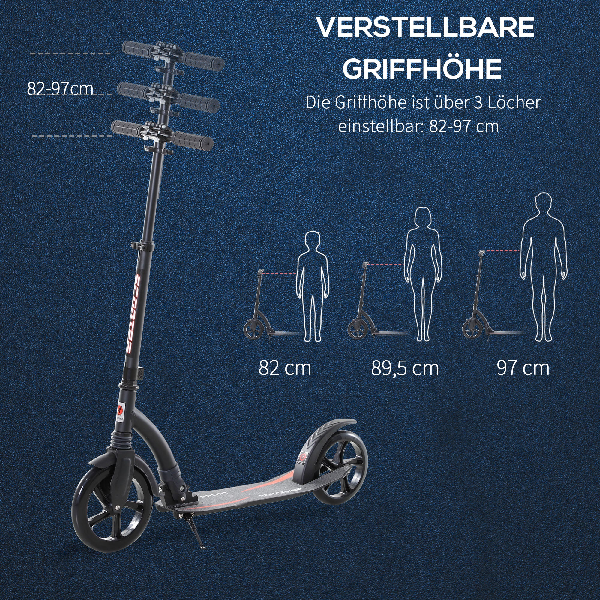 Kids Scooter, Kick Scooter with Shock Absorption, Foldable and Height Adjustable, for Ages 14+, Aluminum, Black, 92.5 x 37.5 x 82-97 cm