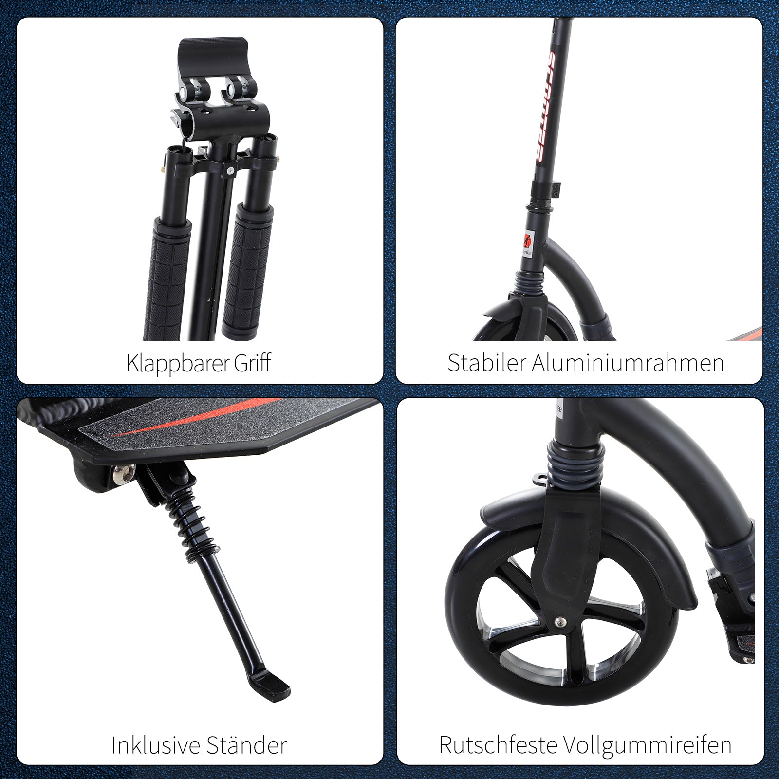 Kids Scooter, Kick Scooter with Shock Absorption, Foldable and Height Adjustable, for Ages 14+, Aluminum, Black, 92.5 x 37.5 x 82-97 cm