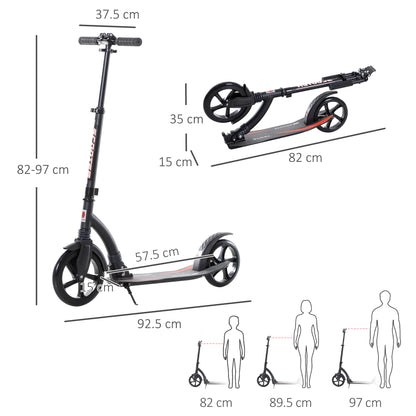 Kids Scooter, Kick Scooter with Shock Absorption, Foldable and Height Adjustable, for Ages 14+, Aluminum, Black, 92.5 x 37.5 x 82-97 cm